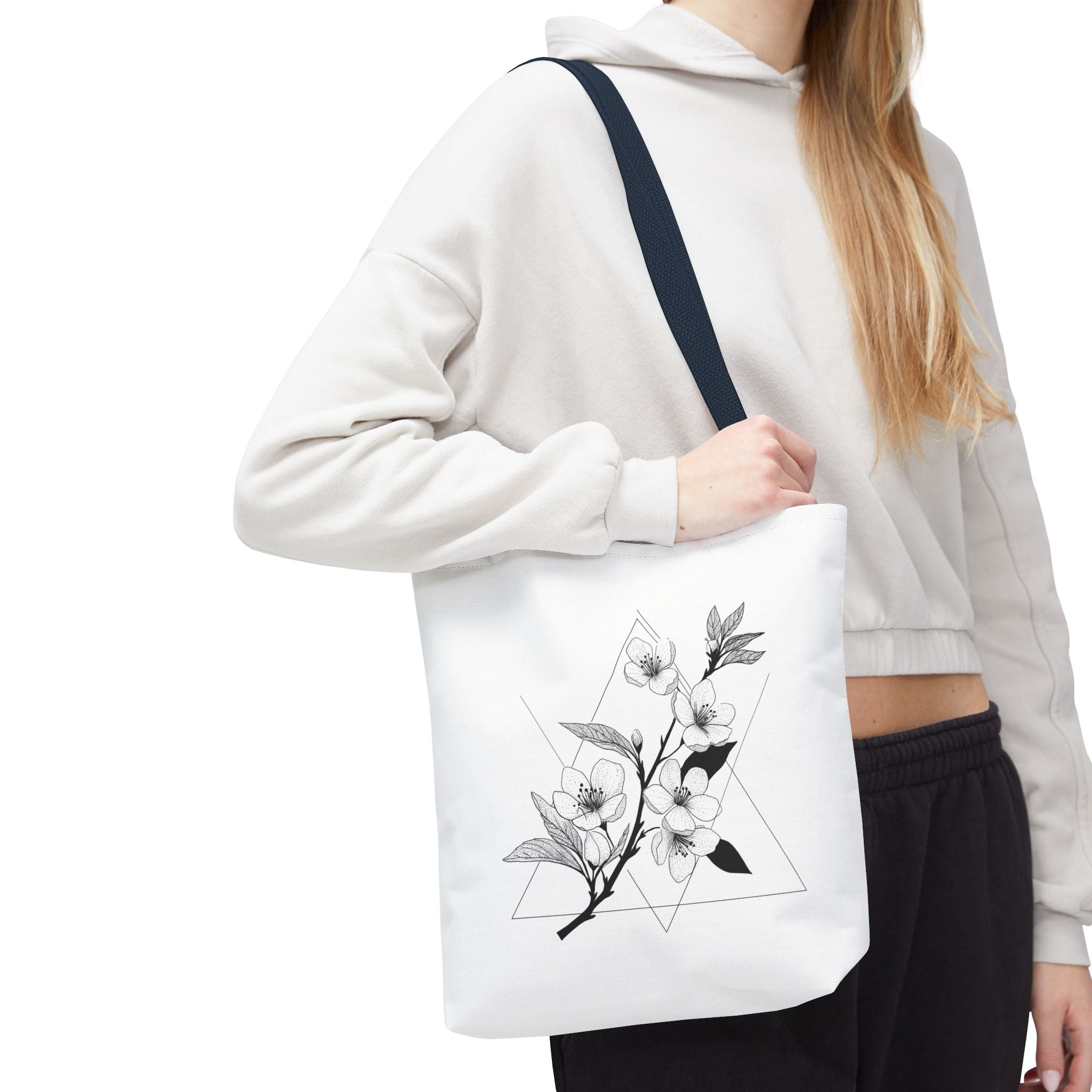 Floral Triangle Tote Bag — Minimal Black & White Botanical Canvas Tote