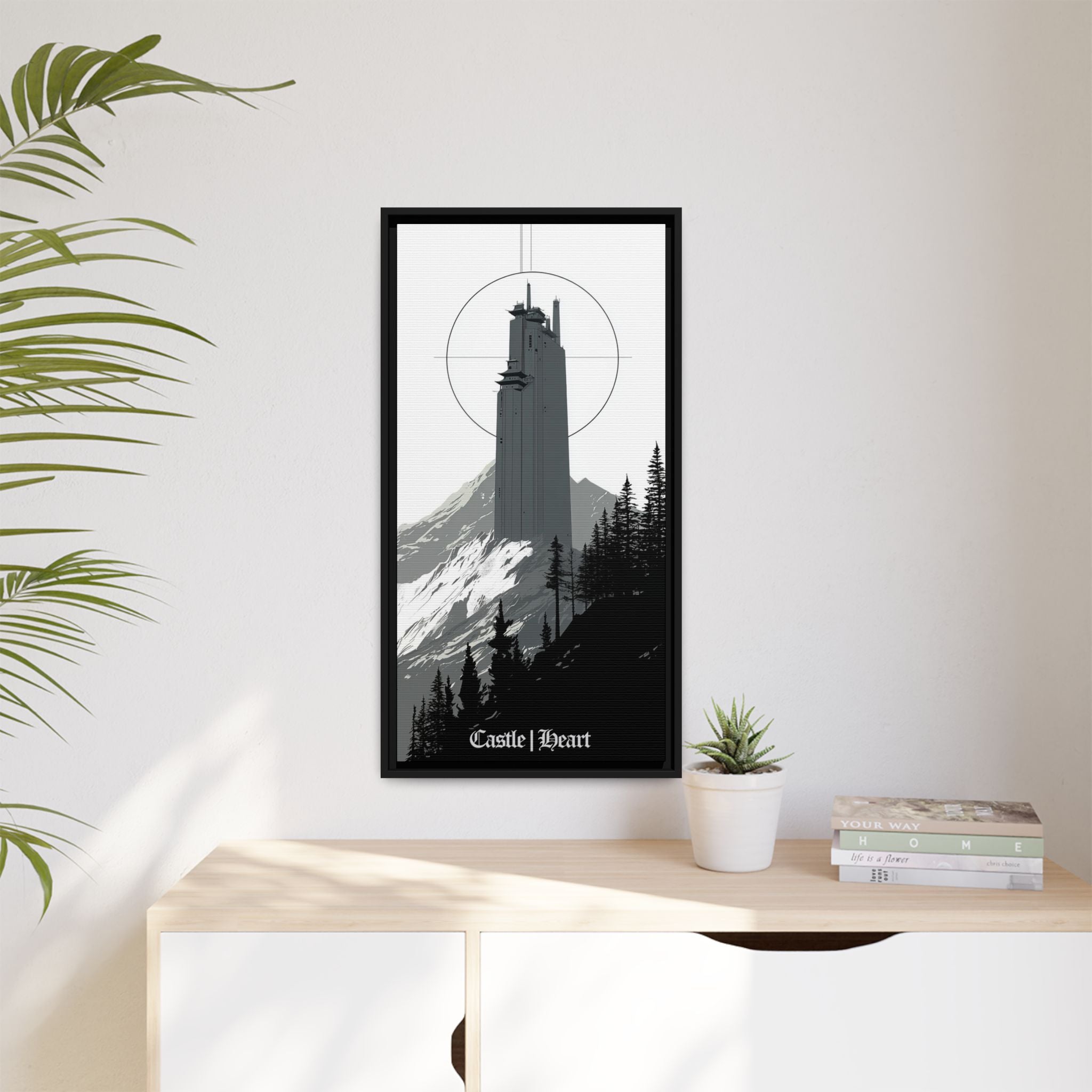 Framed Matte Canvas Print — 'Castle Heart' Monochrome Mountain Tower Art