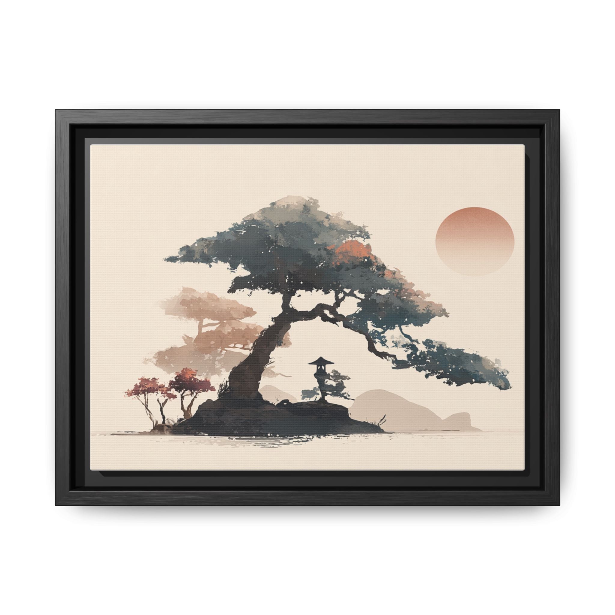 Framed Matte Canvas - Bonsai Tree Sunset Japanese Landscape Wall Art