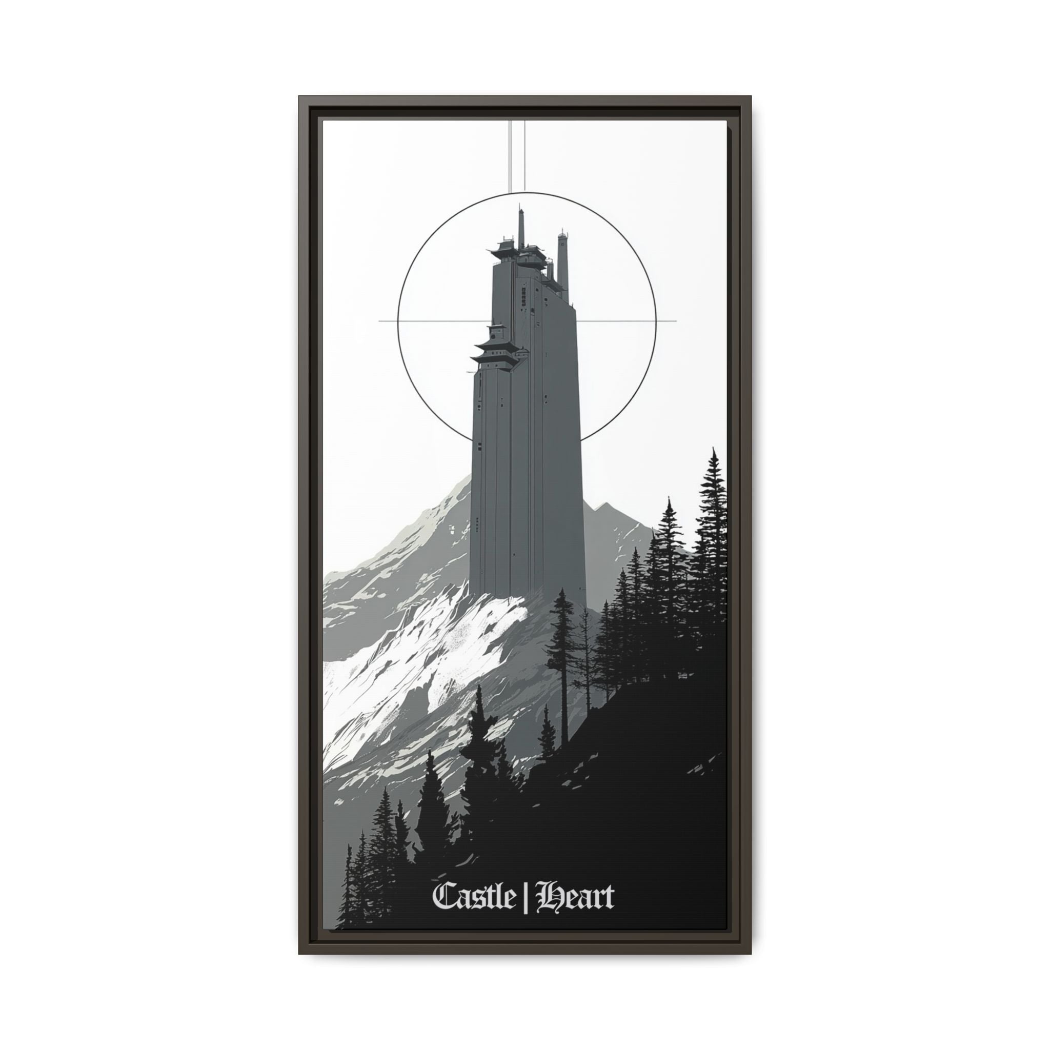 Framed Matte Canvas Print — 'Castle Heart' Monochrome Mountain Tower Art