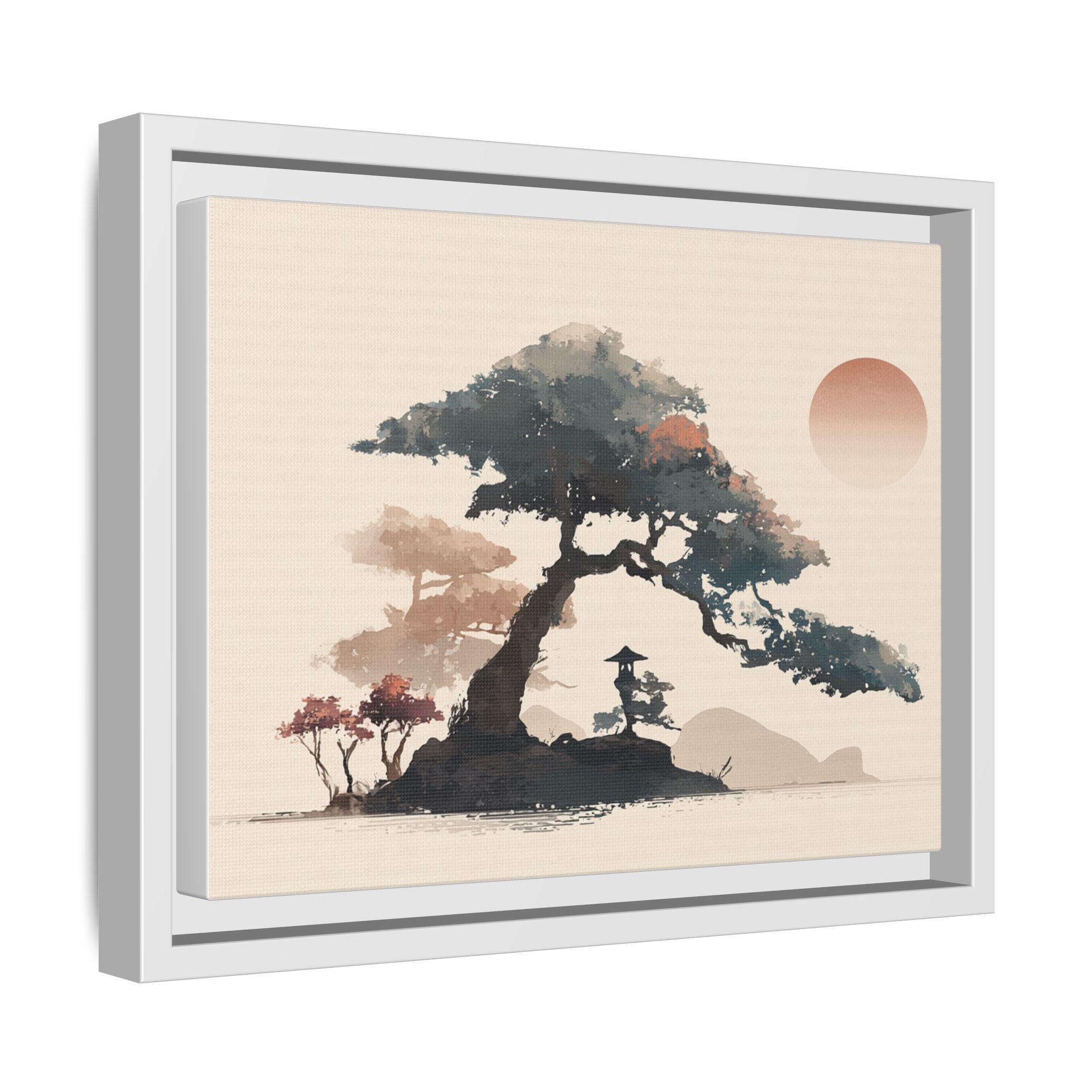 Framed Matte Canvas - Bonsai Tree Sunset Japanese Landscape Wall Art
