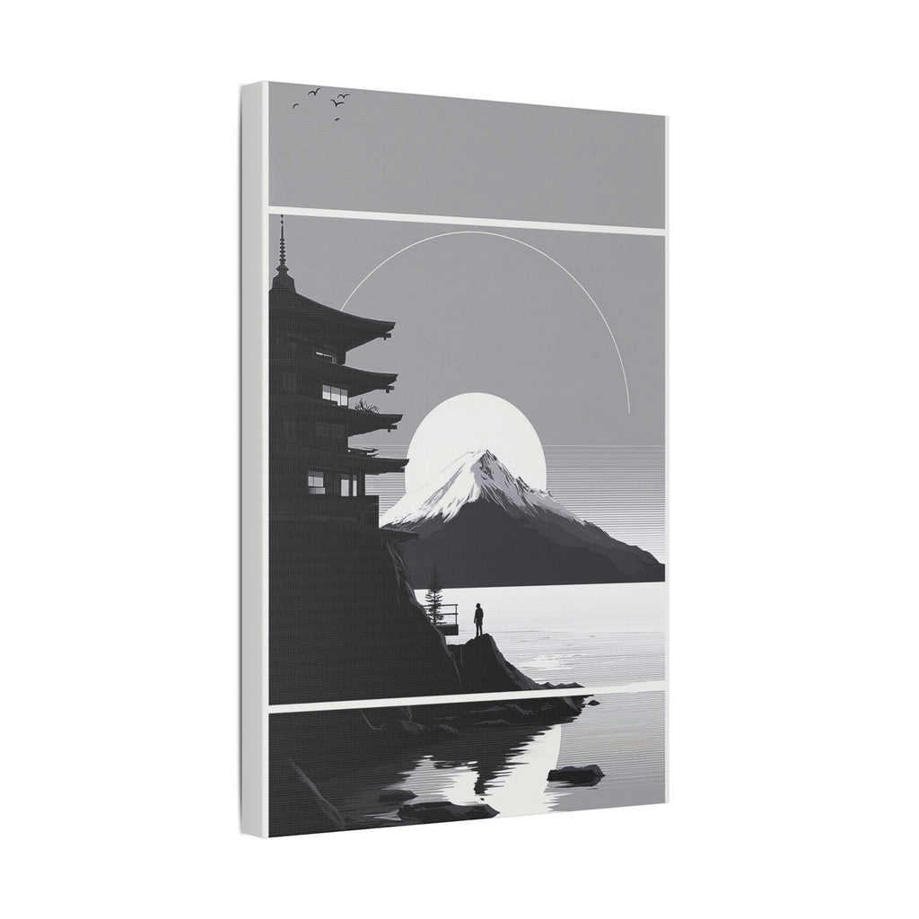 Satin Stretched Canvas: Minimalist Mount Fuji Seascape Wall Art