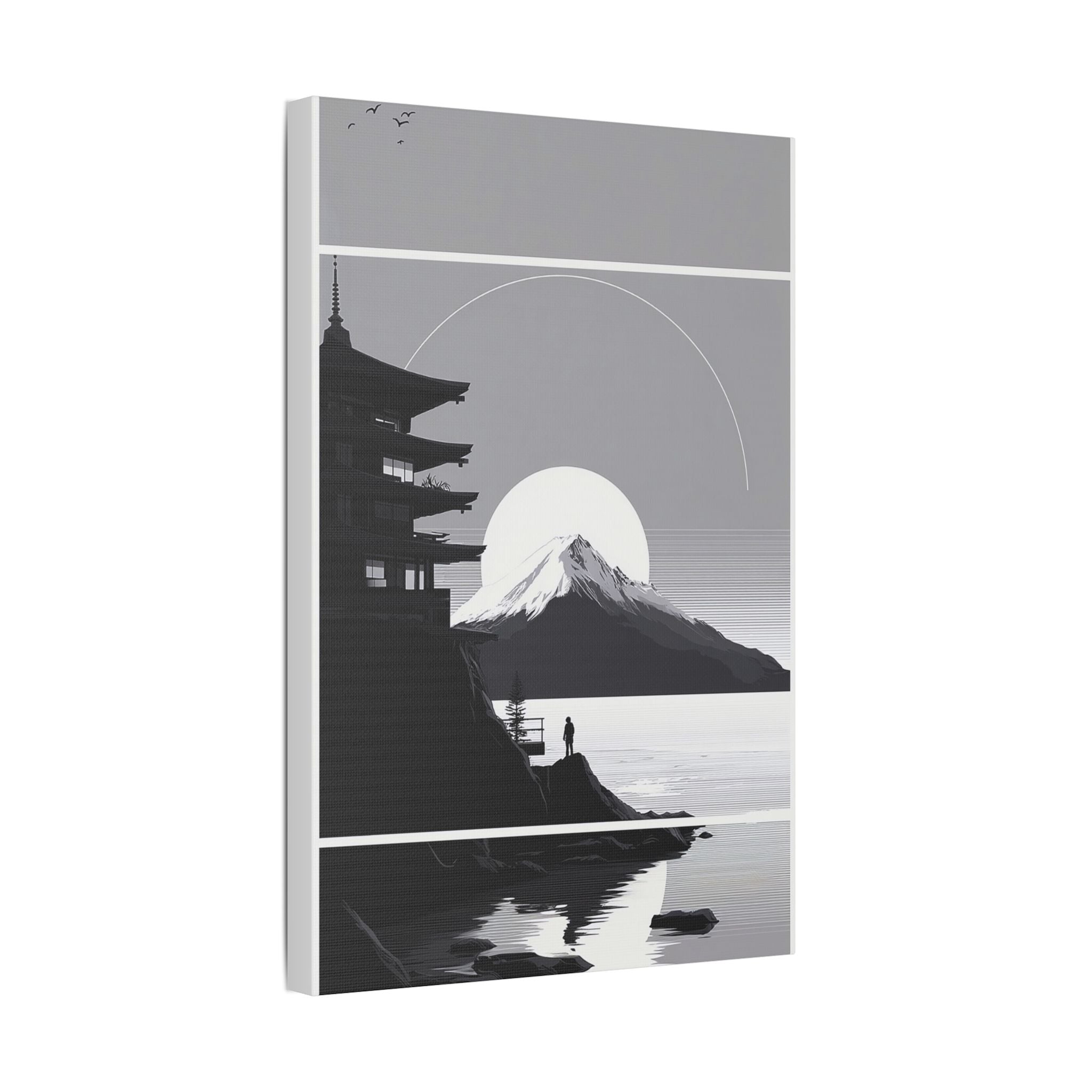 Satin Stretched Canvas: Minimalist Mount Fuji Seascape Wall Art