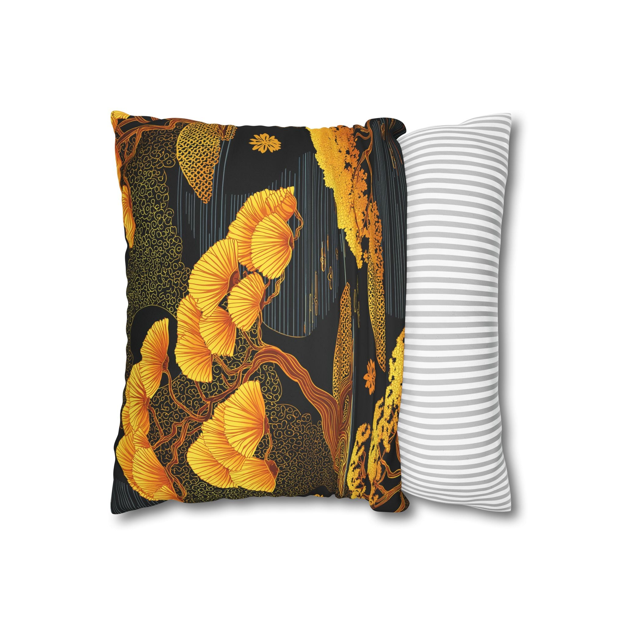 Golden Bonsai Faux Suede Pillowcase — Autumn Asian Tree Throw Pillow Cover