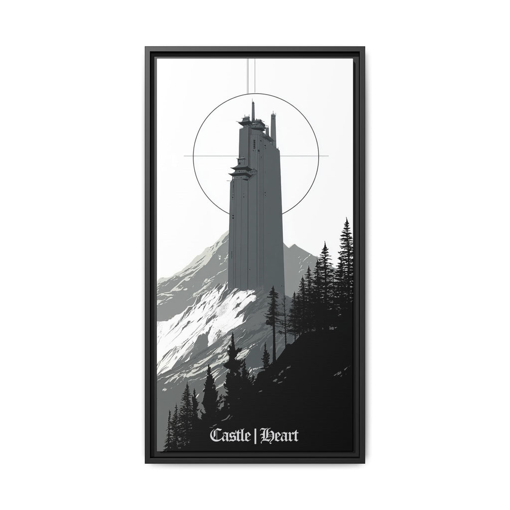 Framed Matte Canvas Print — 'Castle Heart' Monochrome Mountain Tower Art
