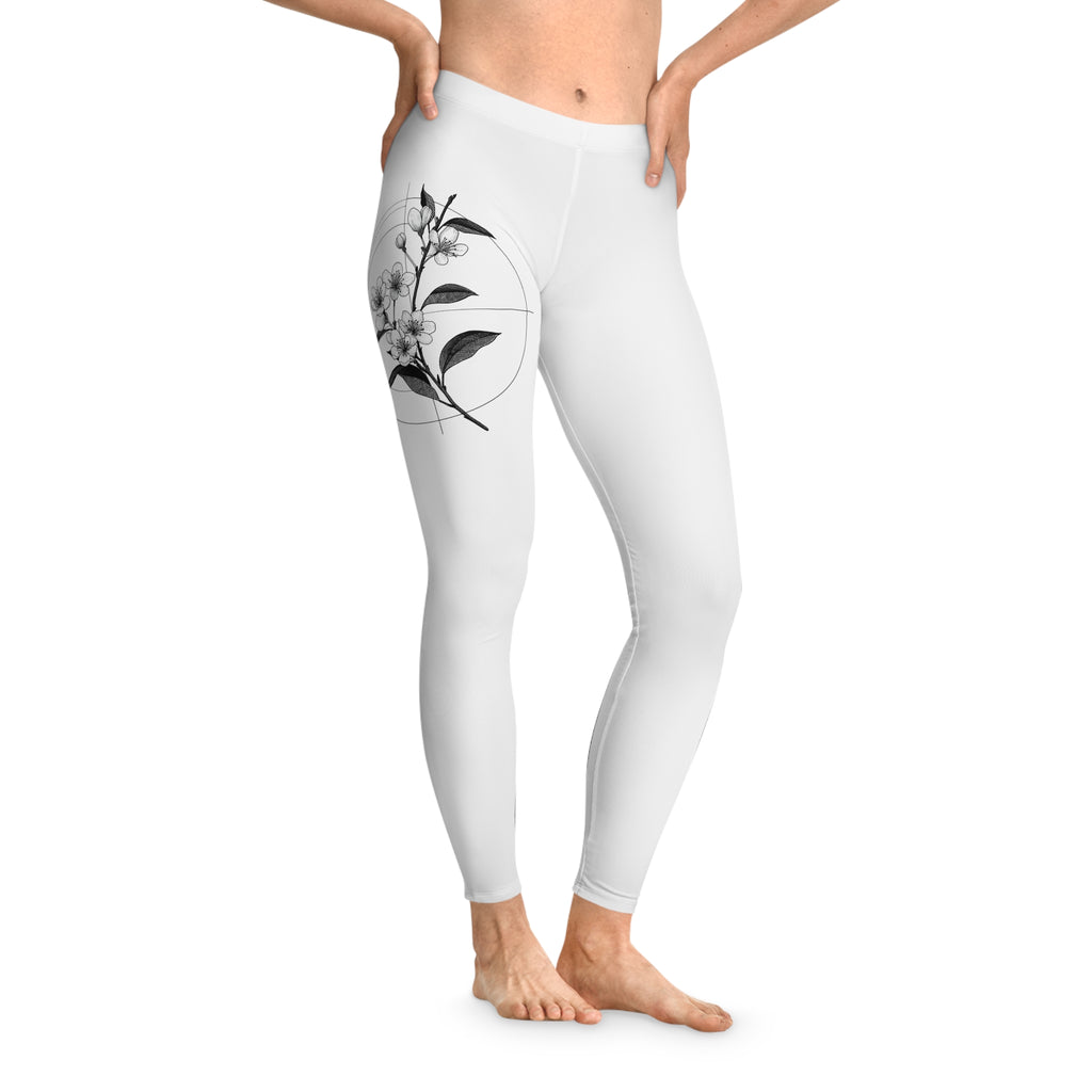 Floral Circle Leggings — Minimal Black & White Botanical Print