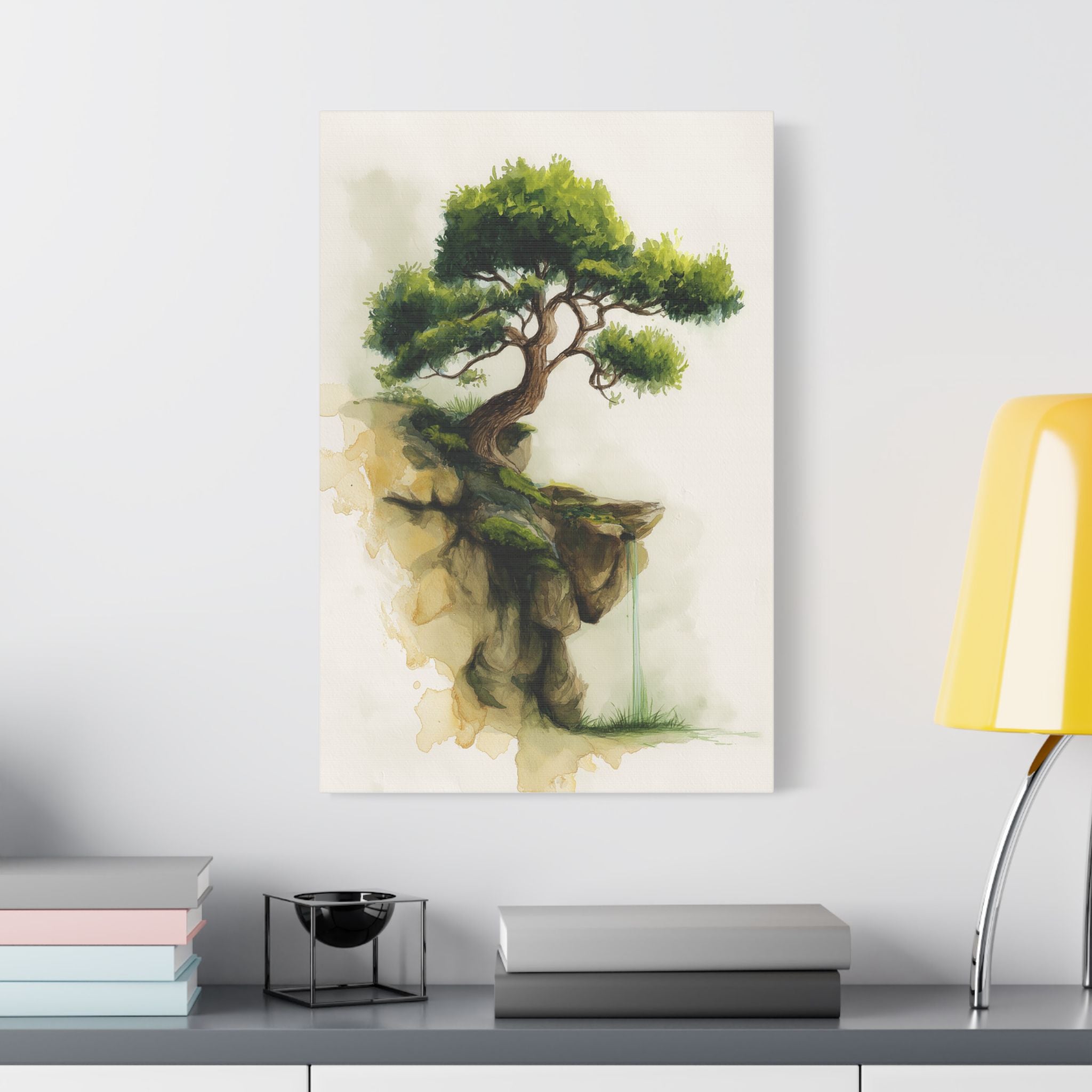 Bonsai Cliff Satin Canvas Art - Stretched Tree Watercolor Wall Decor