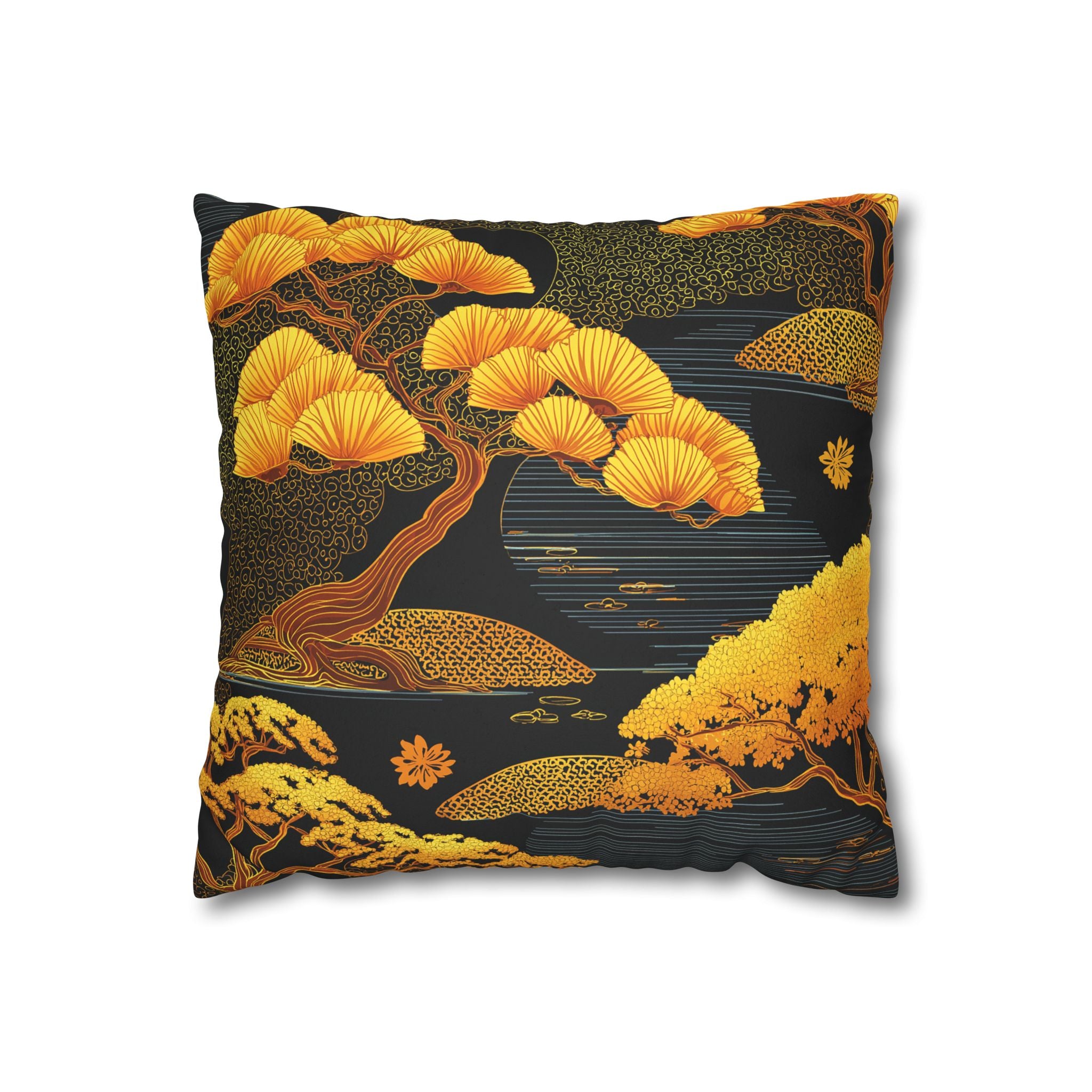 Golden Bonsai Faux Suede Pillowcase — Autumn Asian Tree Throw Pillow Cover