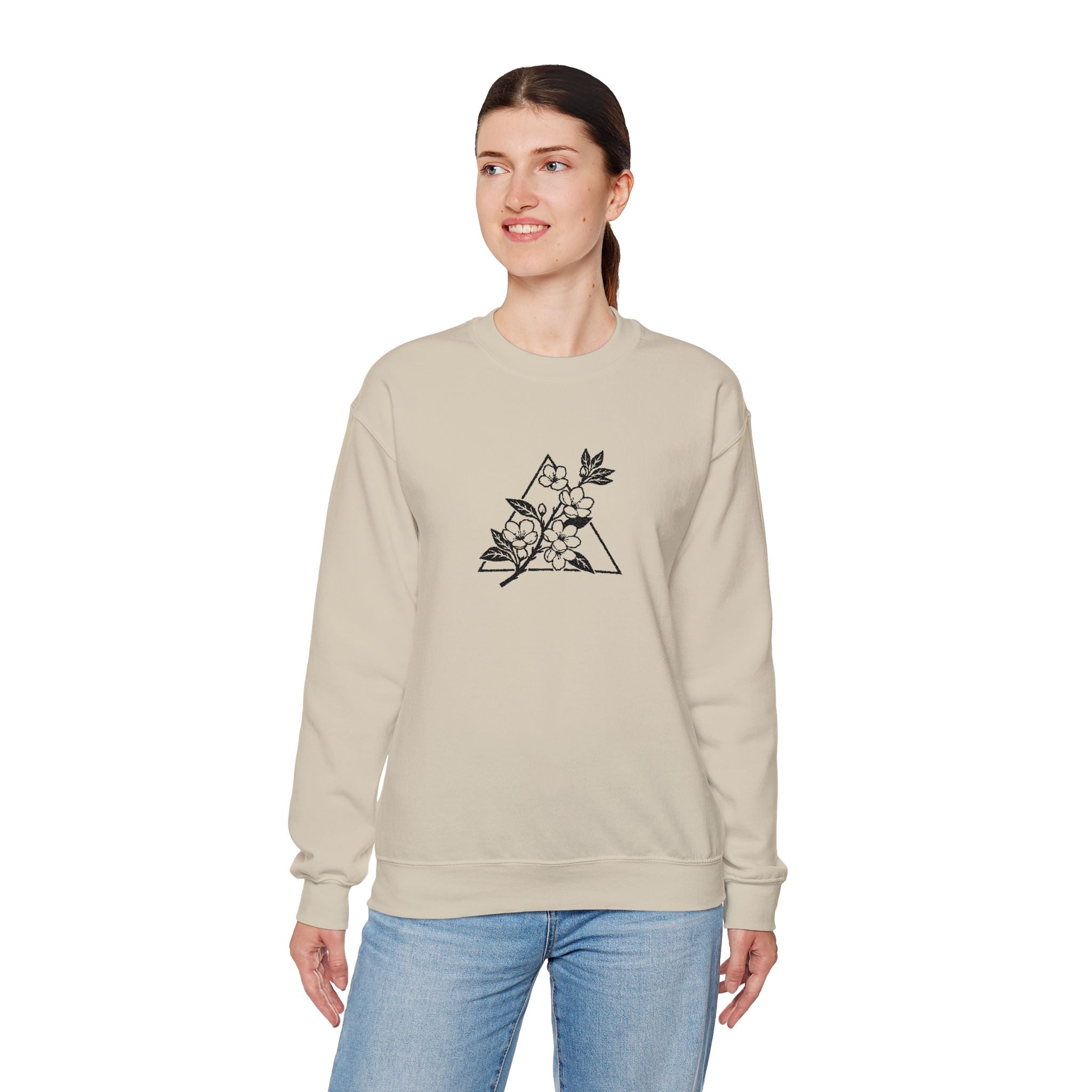 Floral Mountain Embroidery Sweatshirt — Minimal Botanical Crewneck