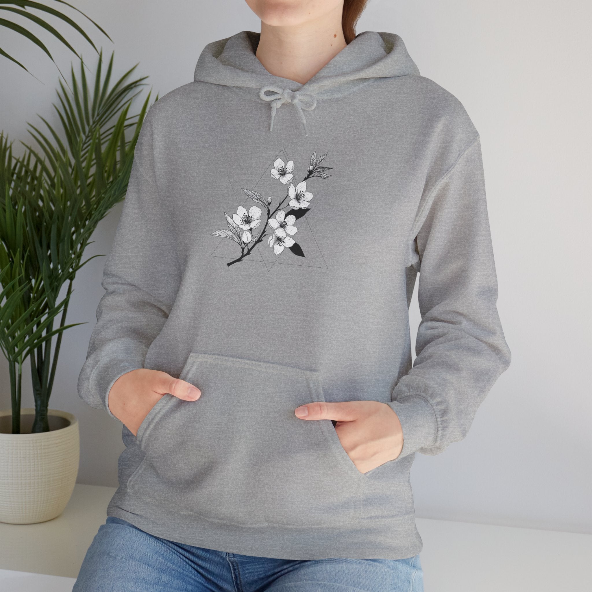 Floral Minimalist Hoodie — Black Botanical Sketch on White