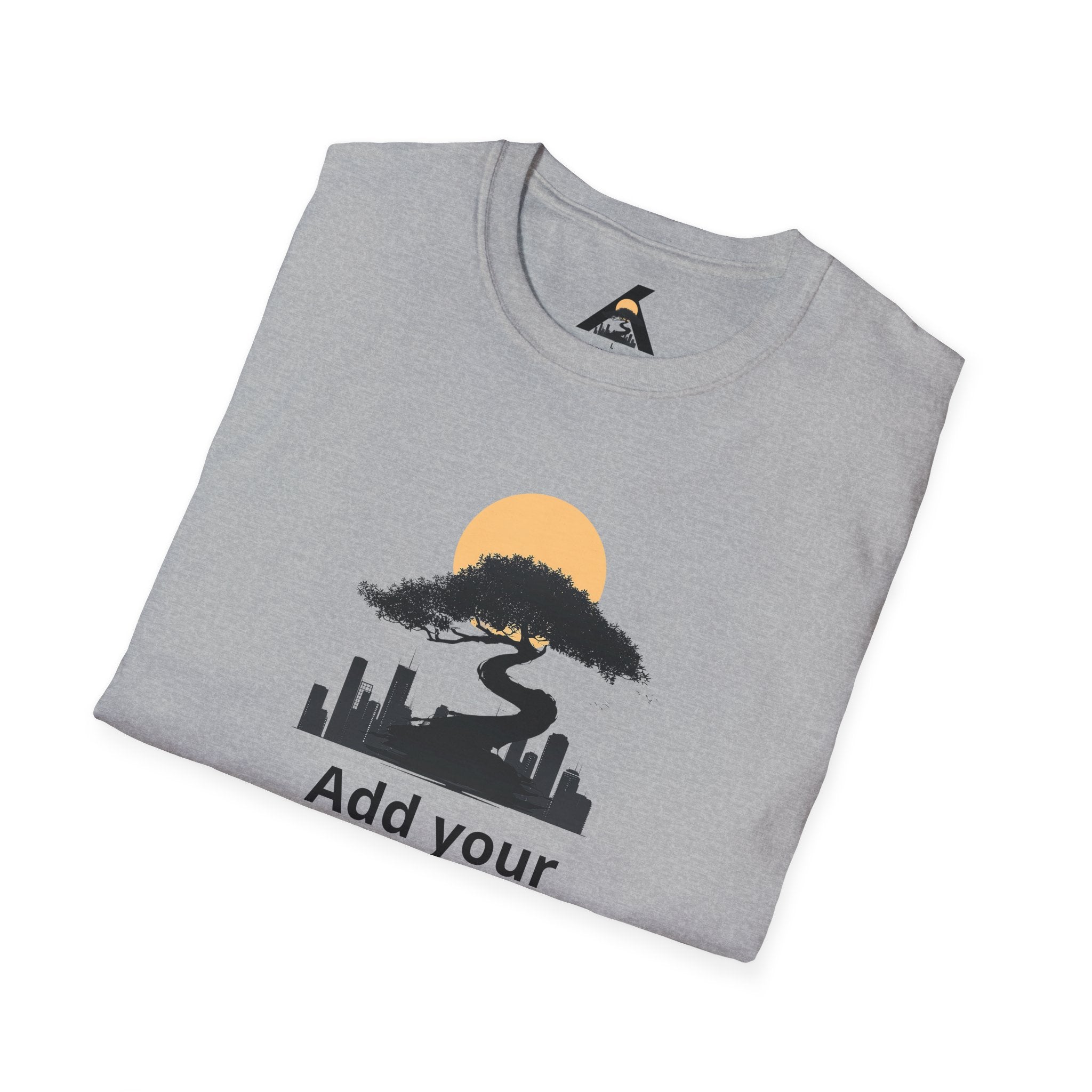 Custom Cityscape T-Shirt — Personalized 'Add your text here' Sunset Design