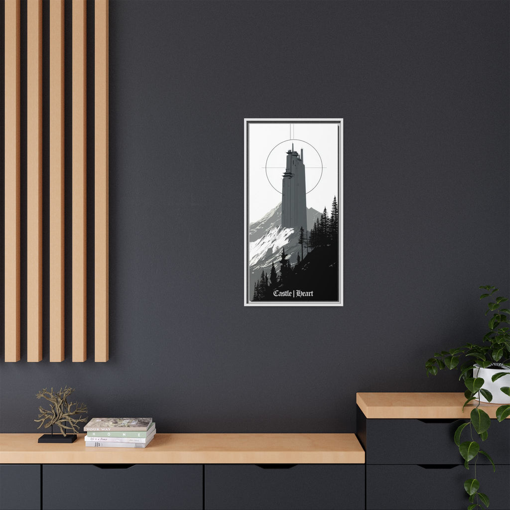 Framed Matte Canvas Print — 'Castle Heart' Monochrome Mountain Tower Art