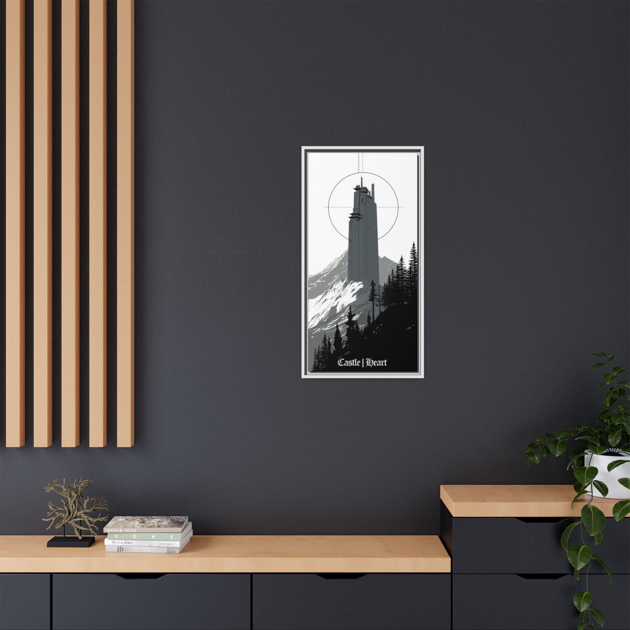 Framed Matte Canvas Print — 'Castle Heart' Monochrome Mountain Tower Art