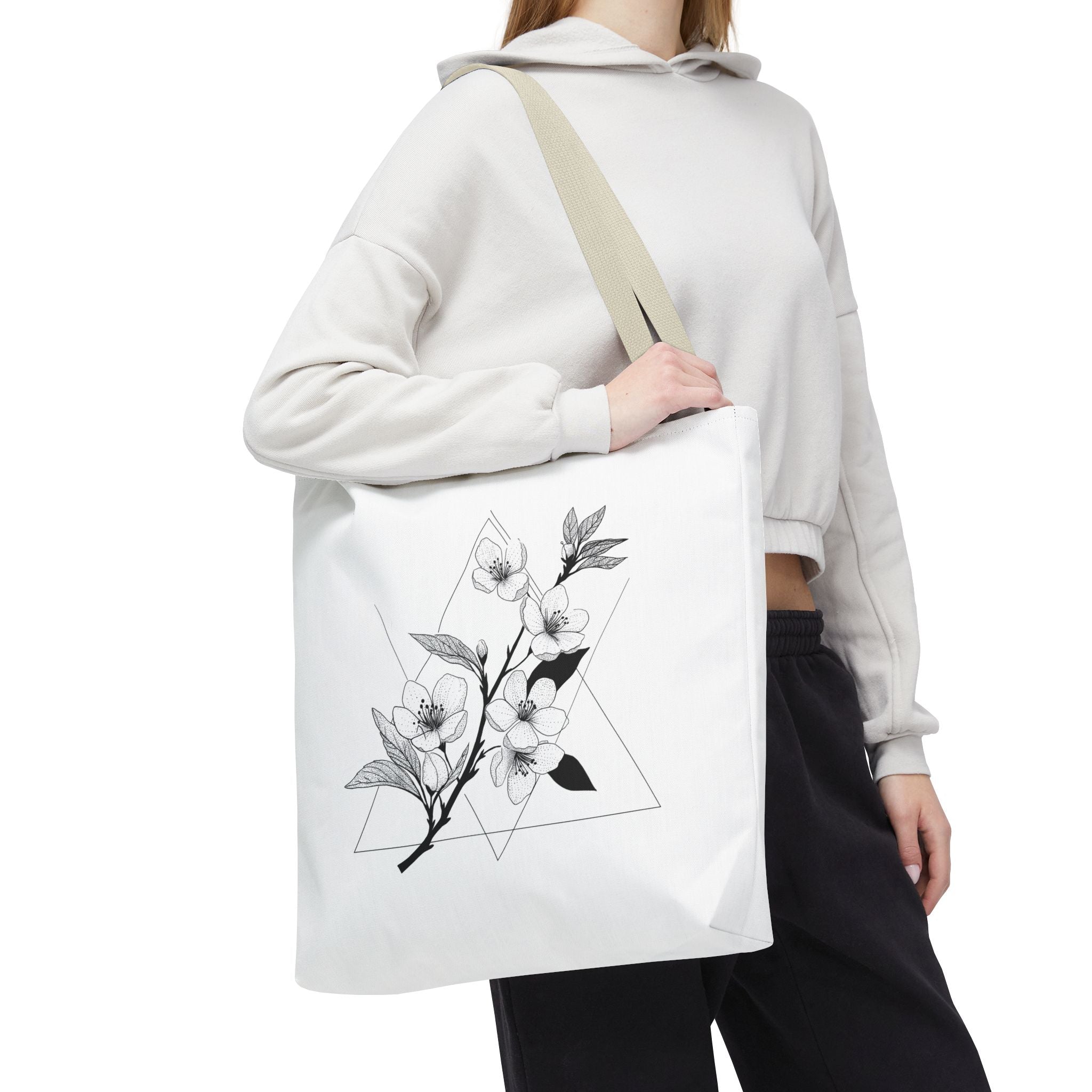 Floral Triangle Tote Bag — Minimal Black & White Botanical Canvas Tote