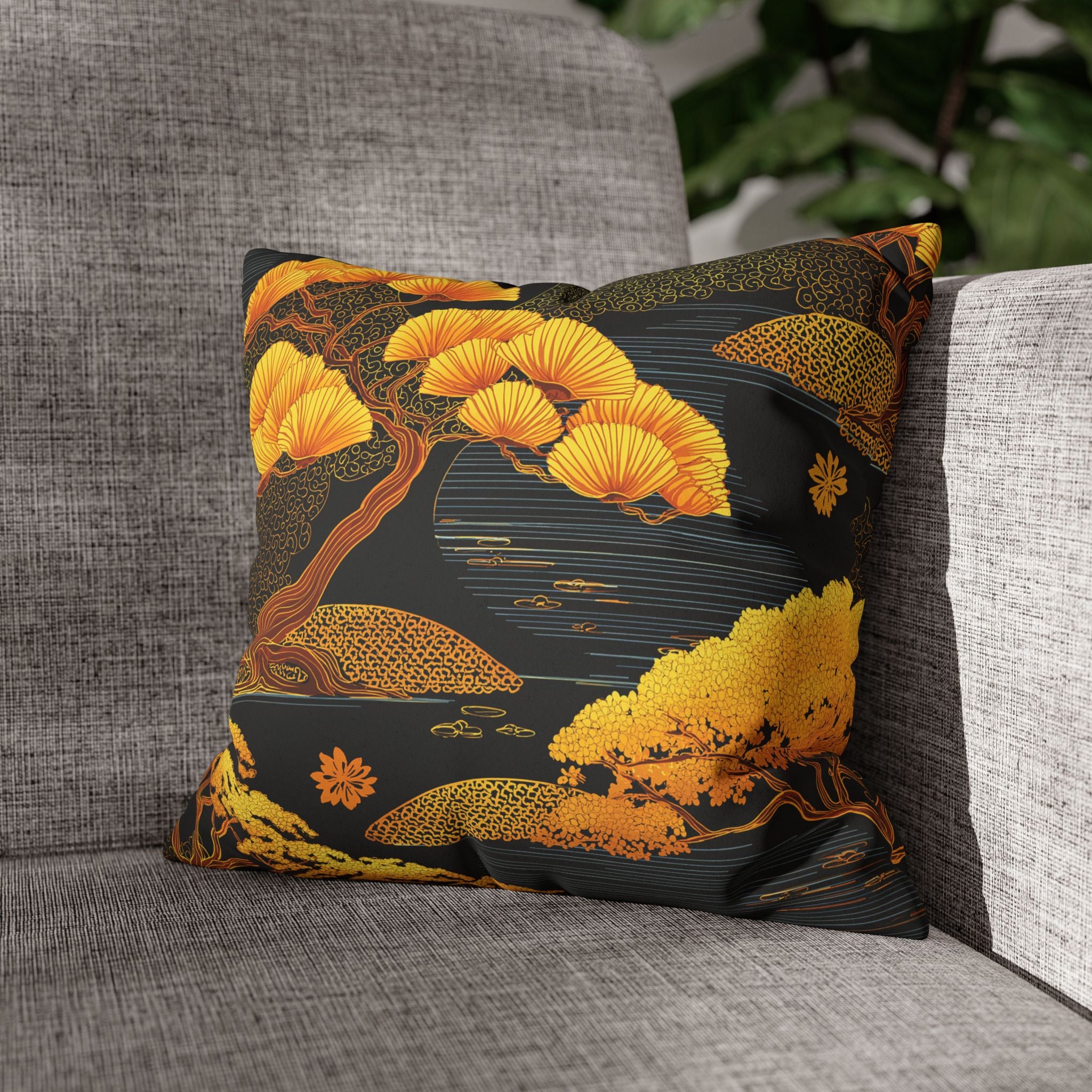 Golden Bonsai Faux Suede Pillowcase — Autumn Asian Tree Throw Pillow Cover