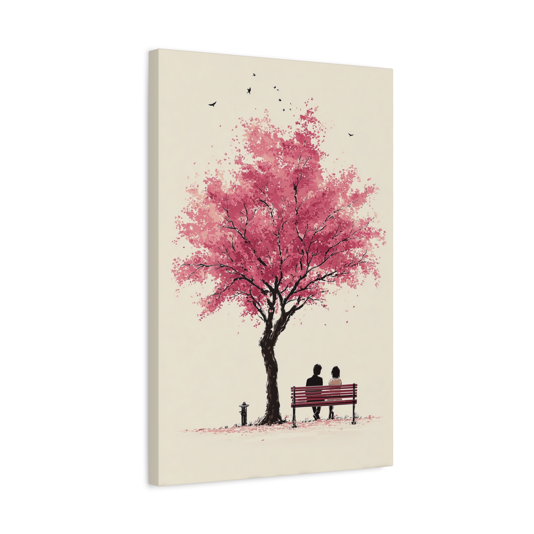 Cherry Blossom Bench Canvas Art — Romantic Pink Tree Wall Decor