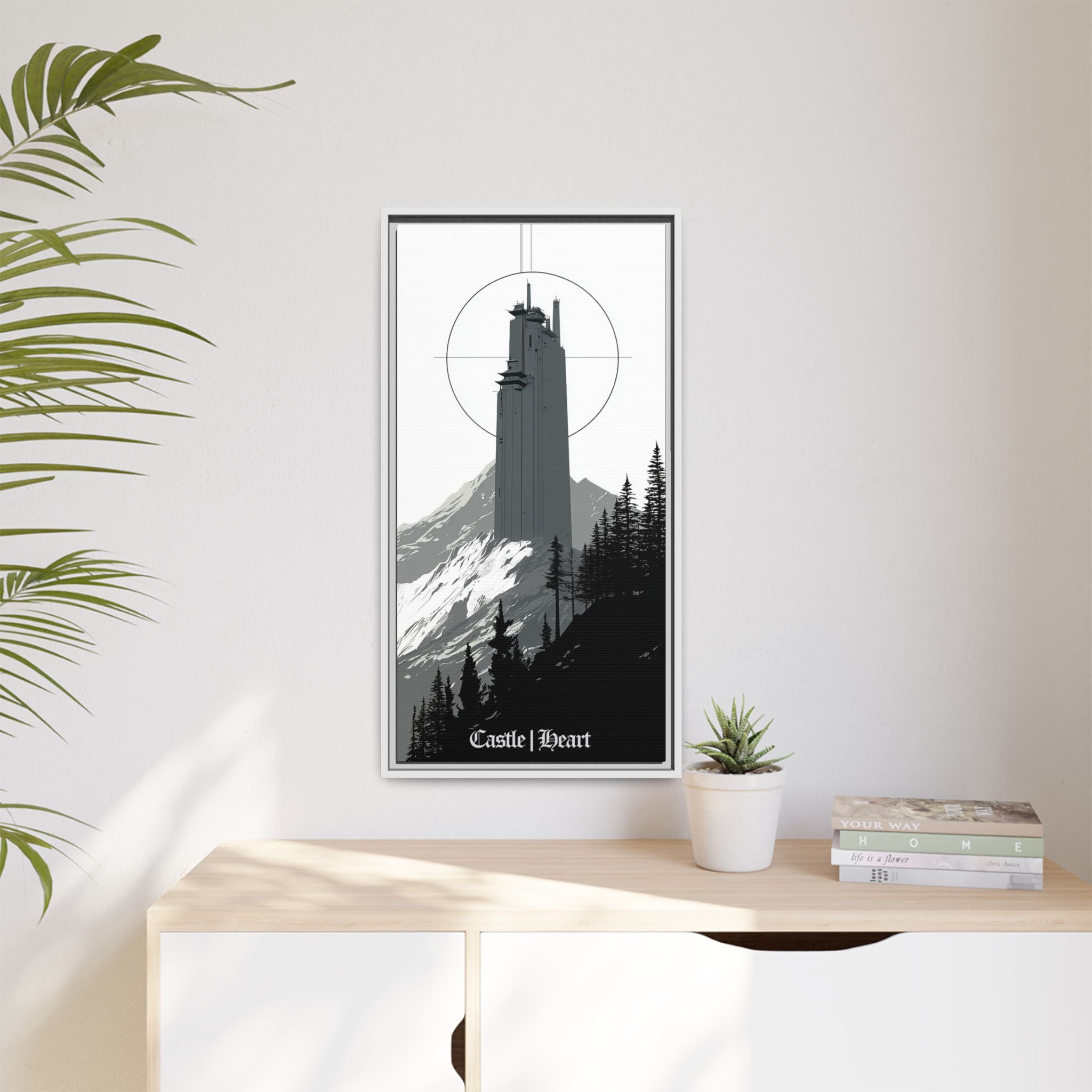 Framed Matte Canvas Print — 'Castle Heart' Monochrome Mountain Tower Art