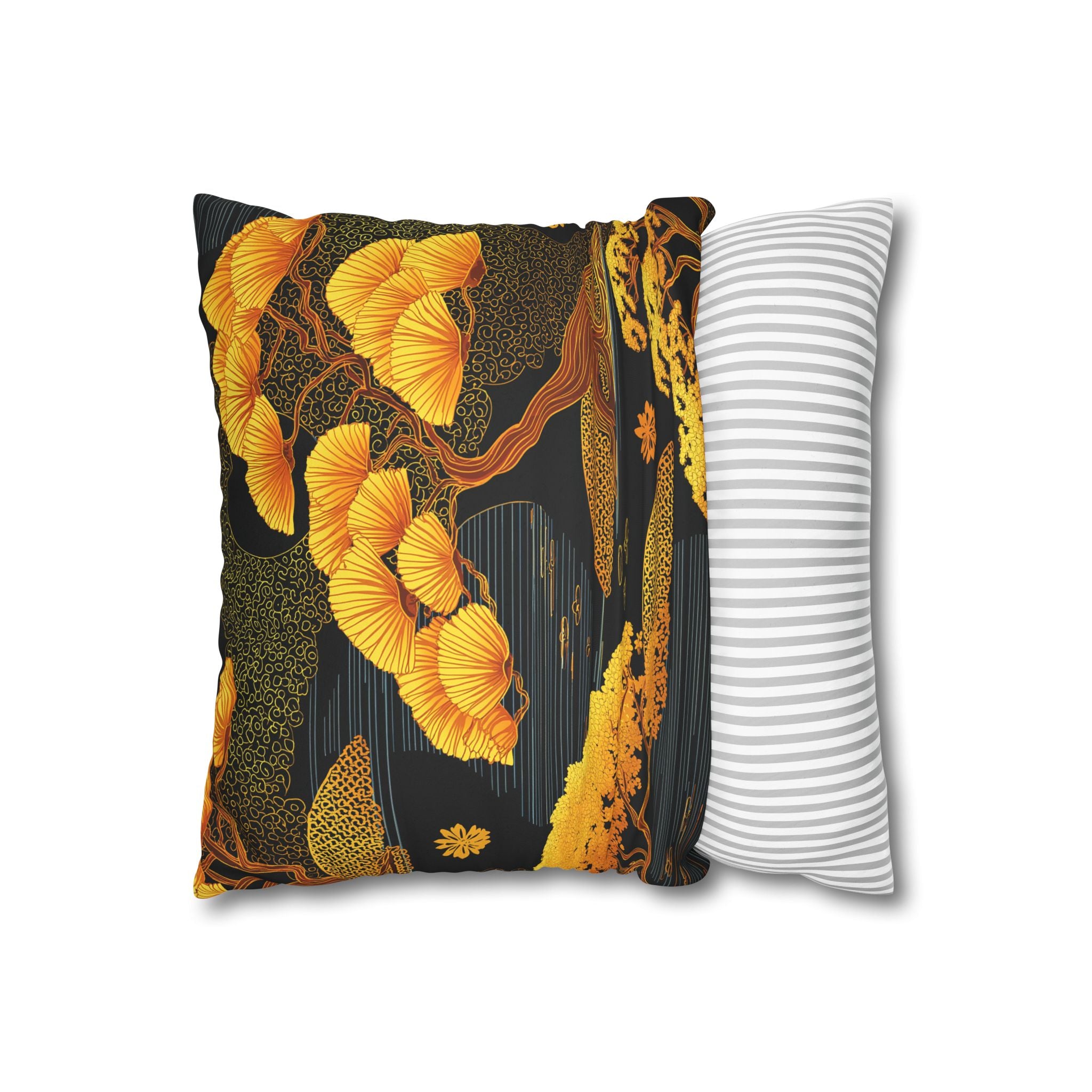 Golden Bonsai Faux Suede Pillowcase — Autumn Asian Tree Throw Pillow Cover