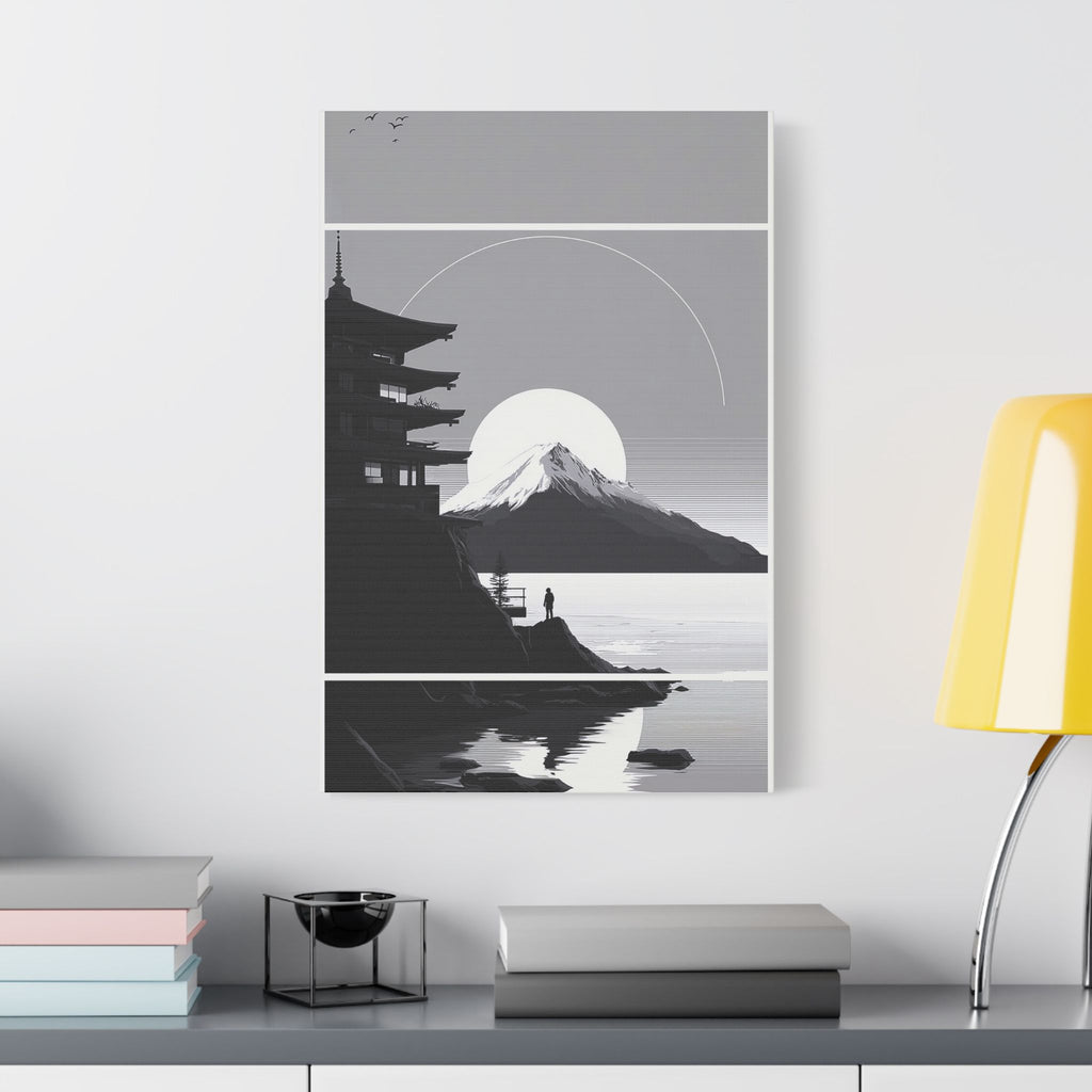 Satin Stretched Canvas: Minimalist Mount Fuji Seascape Wall Art