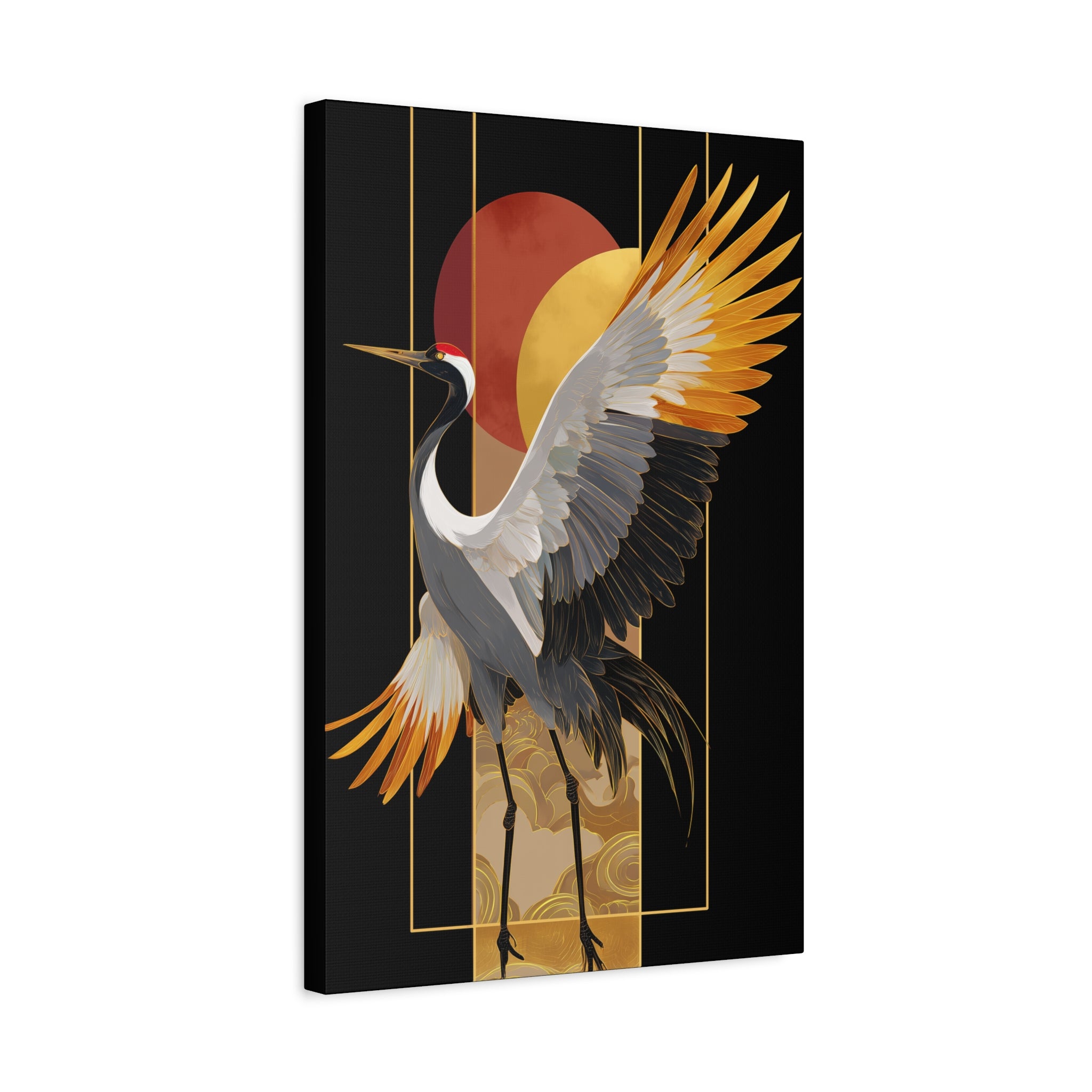 Golden Crane Matte Canvas Wall Art — Japanese Crane Sunrise Stretched Canvas
