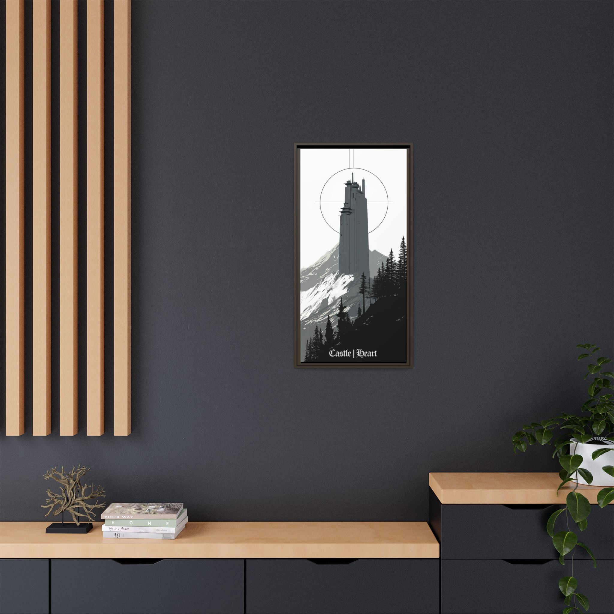 Framed Matte Canvas Print — 'Castle Heart' Monochrome Mountain Tower Art