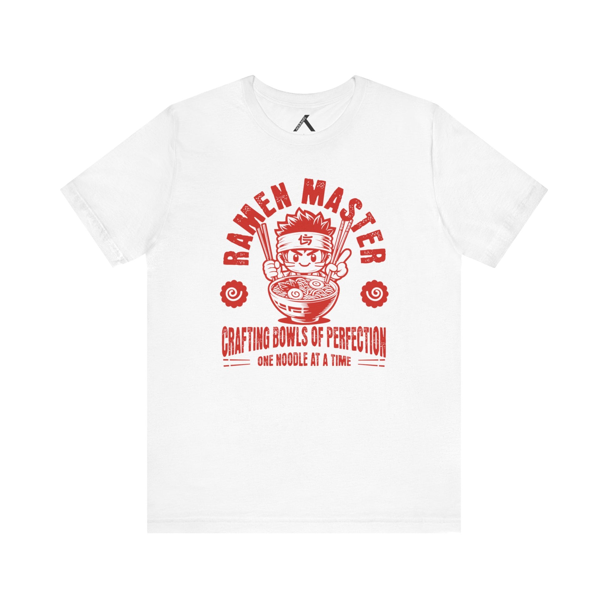 White unisex tee featuring 'Ramen Master' graphic and slogan about crafting noodles, perfect for food lovers.