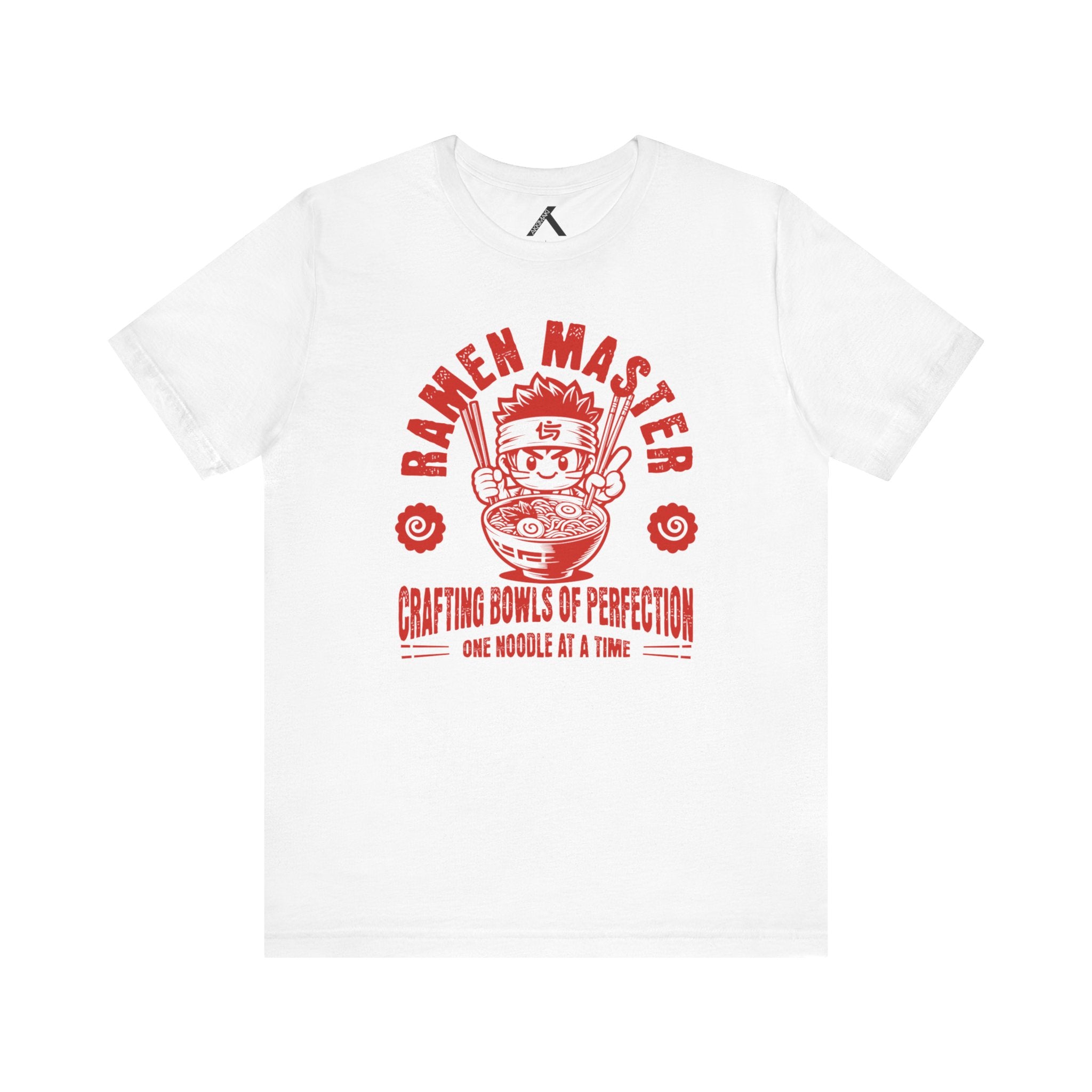 White unisex tee featuring 'Ramen Master' graphic and slogan about crafting noodles, perfect for food lovers.
