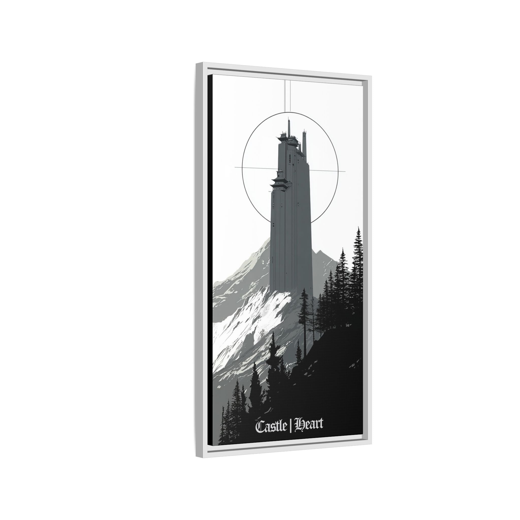 Framed Matte Canvas Print — 'Castle Heart' Monochrome Mountain Tower Art