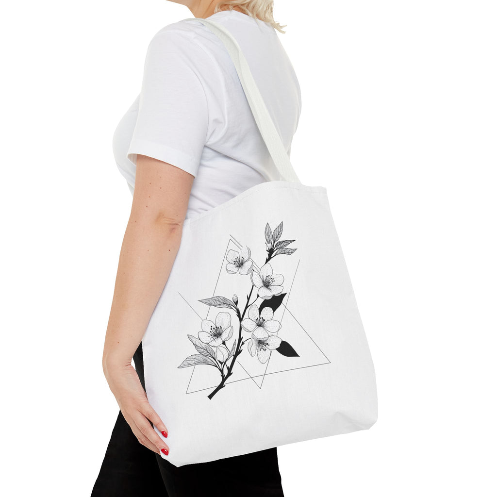 Floral Triangle Tote Bag — Minimal Black & White Botanical Canvas Tote