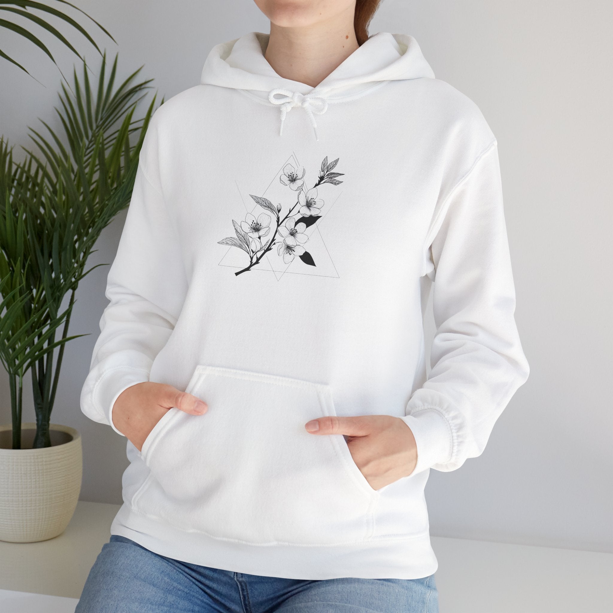 Floral Minimalist Hoodie — Black Botanical Sketch on White
