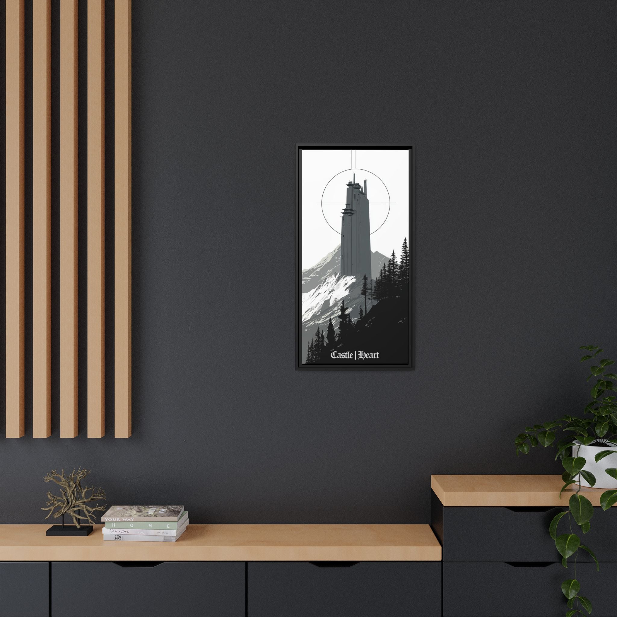 Framed Matte Canvas Print — 'Castle Heart' Monochrome Mountain Tower Art