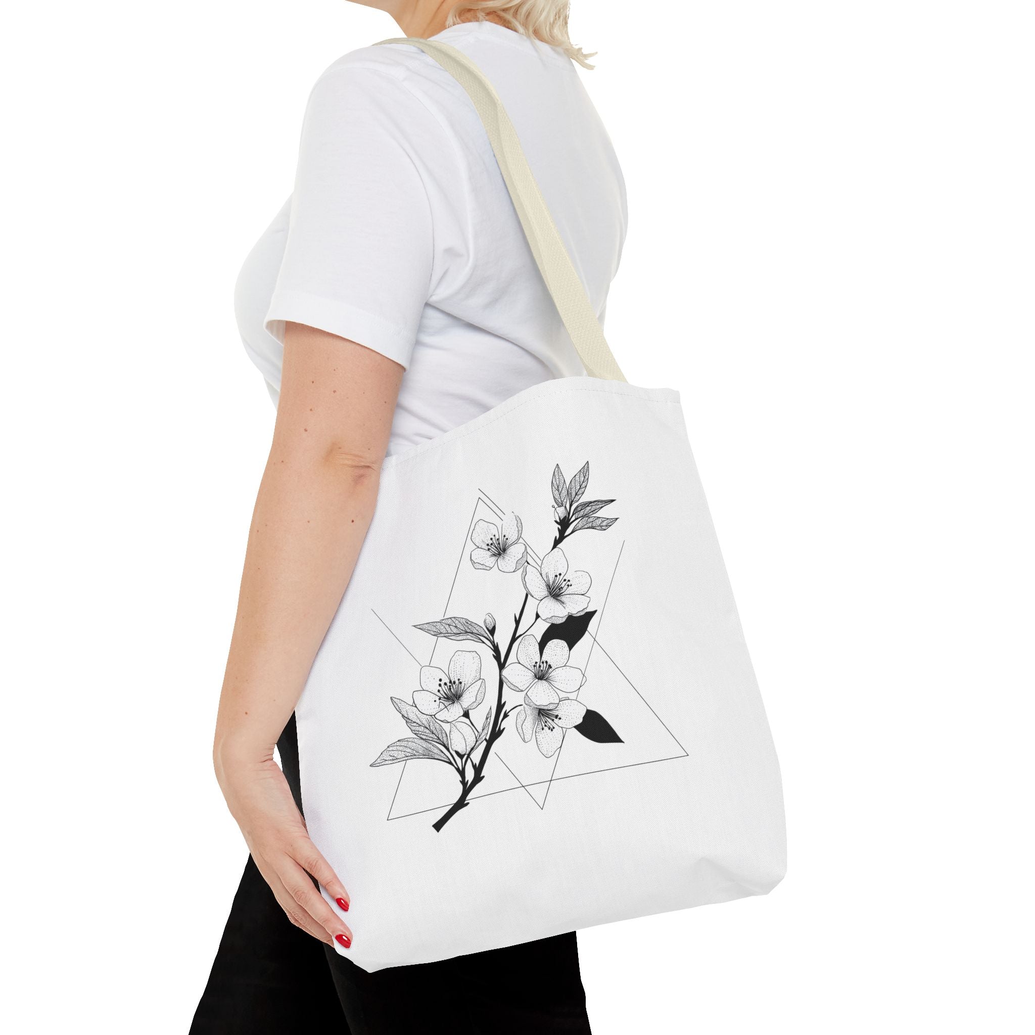 Floral Triangle Tote Bag — Minimal Black & White Botanical Canvas Tote