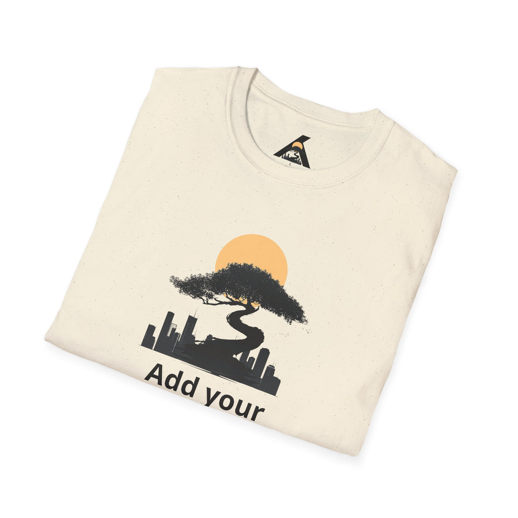 Custom Cityscape T-Shirt — Personalized 'Add your text here' Sunset Design