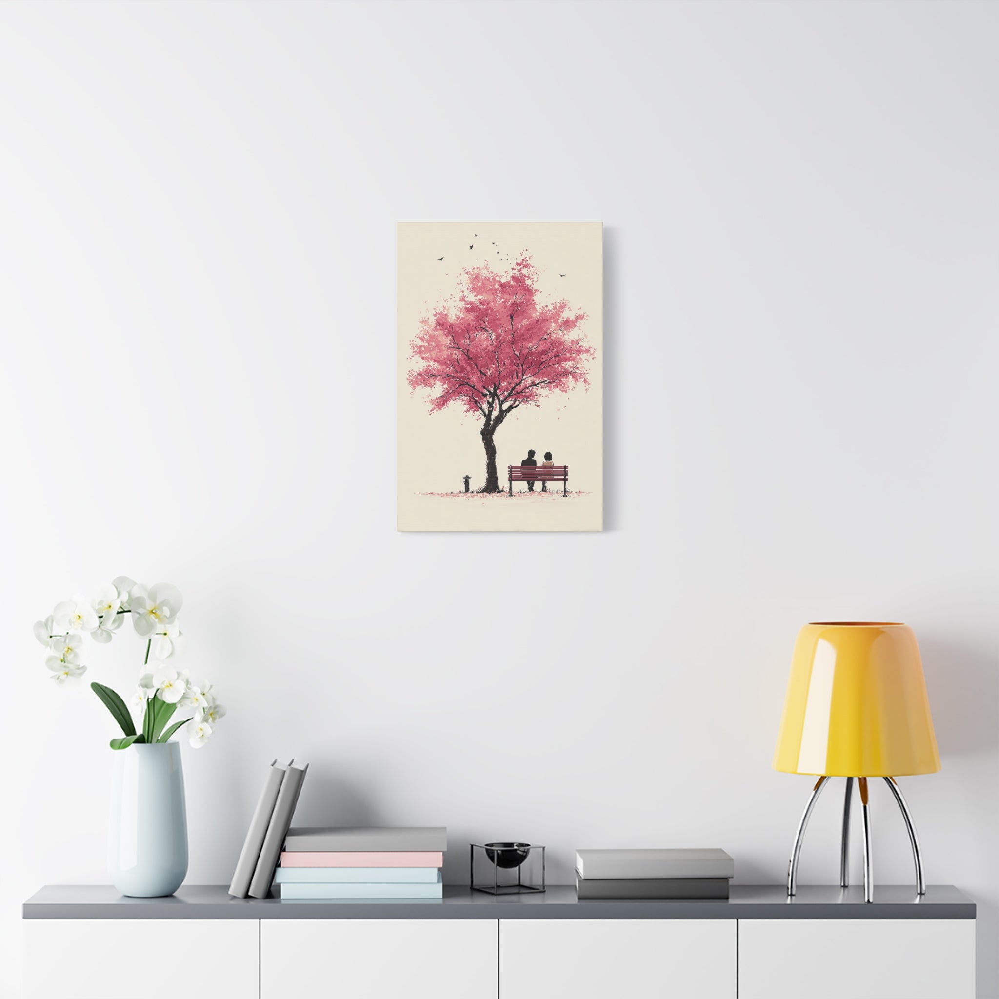 Cherry Blossom Bench Canvas Art — Romantic Pink Tree Wall Decor