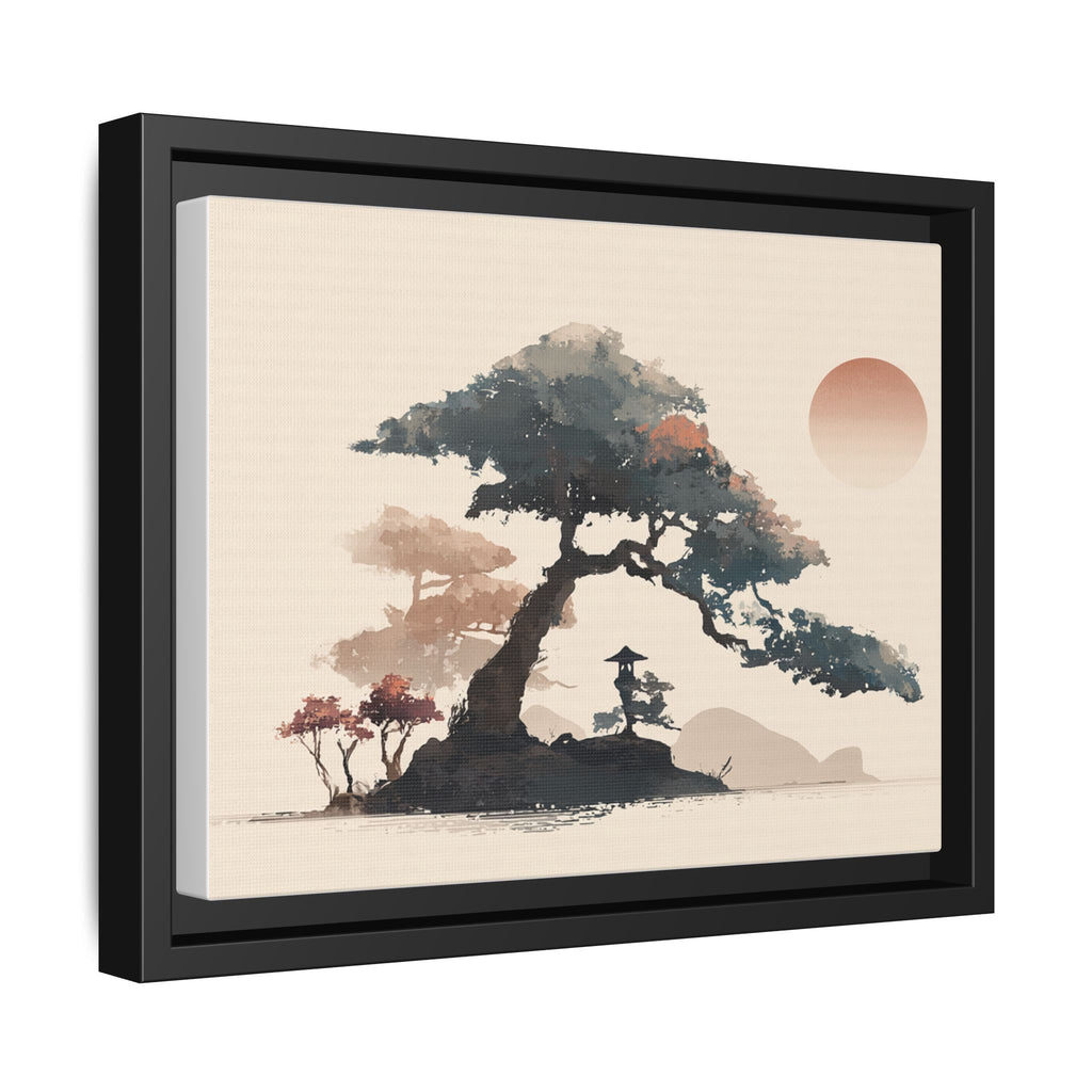 Framed Matte Canvas - Bonsai Tree Sunset Japanese Landscape Wall Art