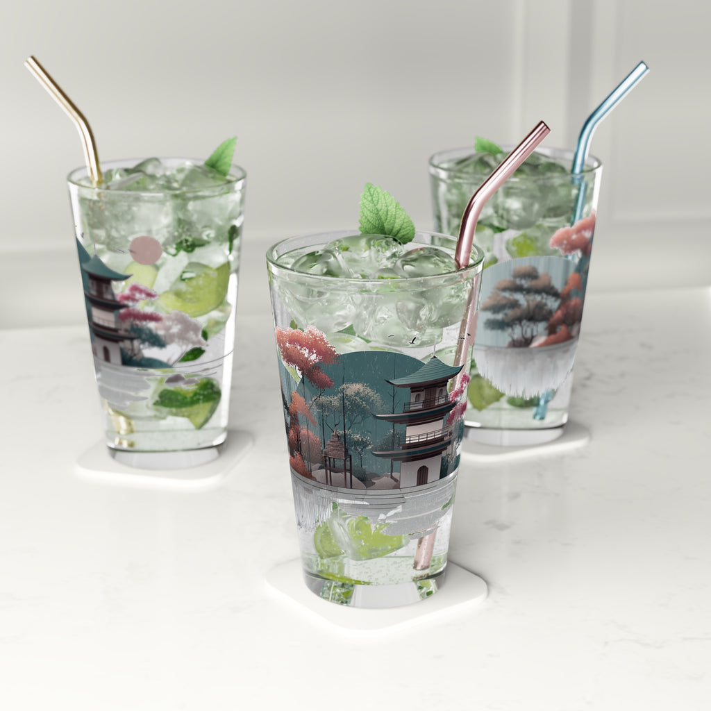 Serene Japanese Pagoda Landscape Glassware