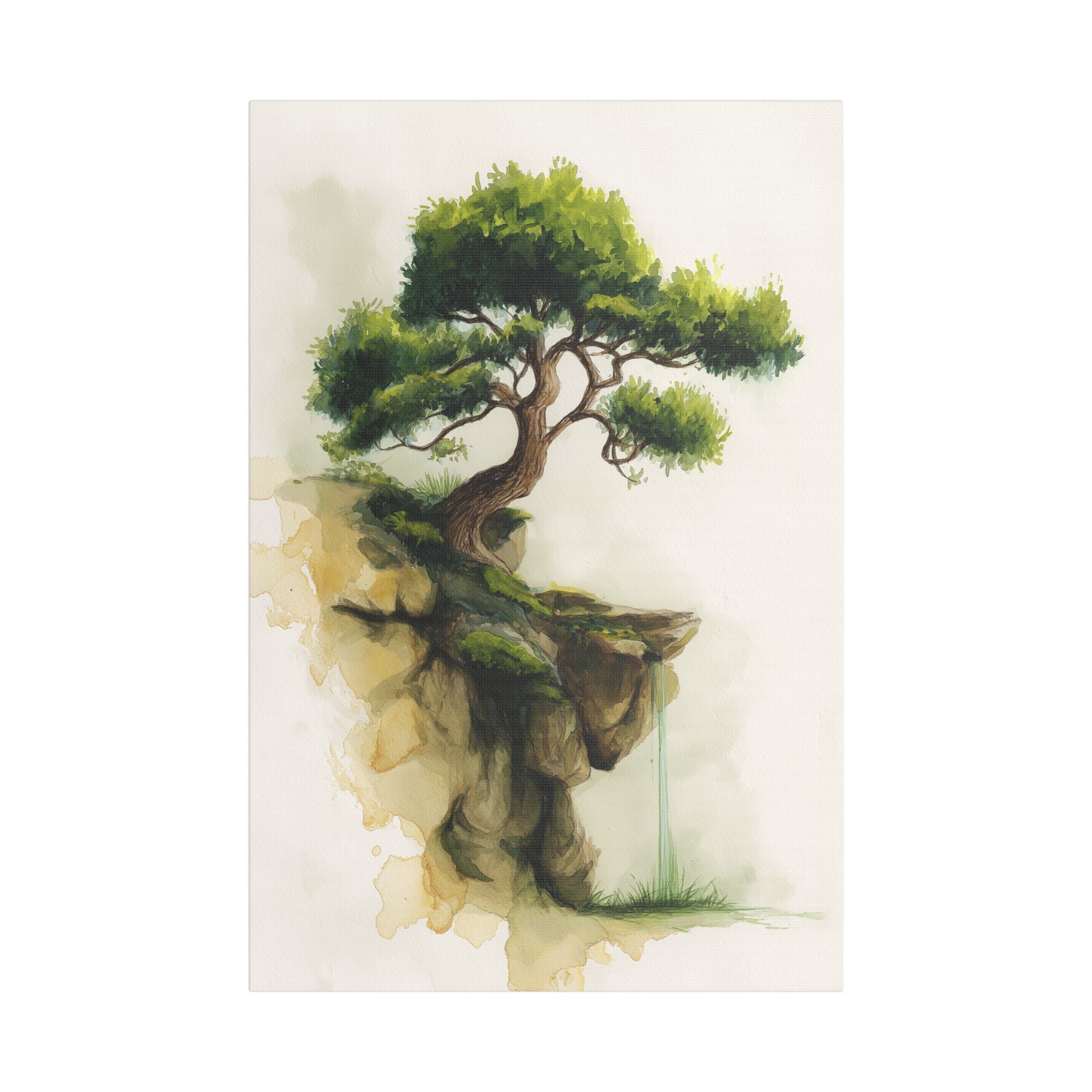 Bonsai Cliff Satin Canvas Art - Stretched Tree Watercolor Wall Decor