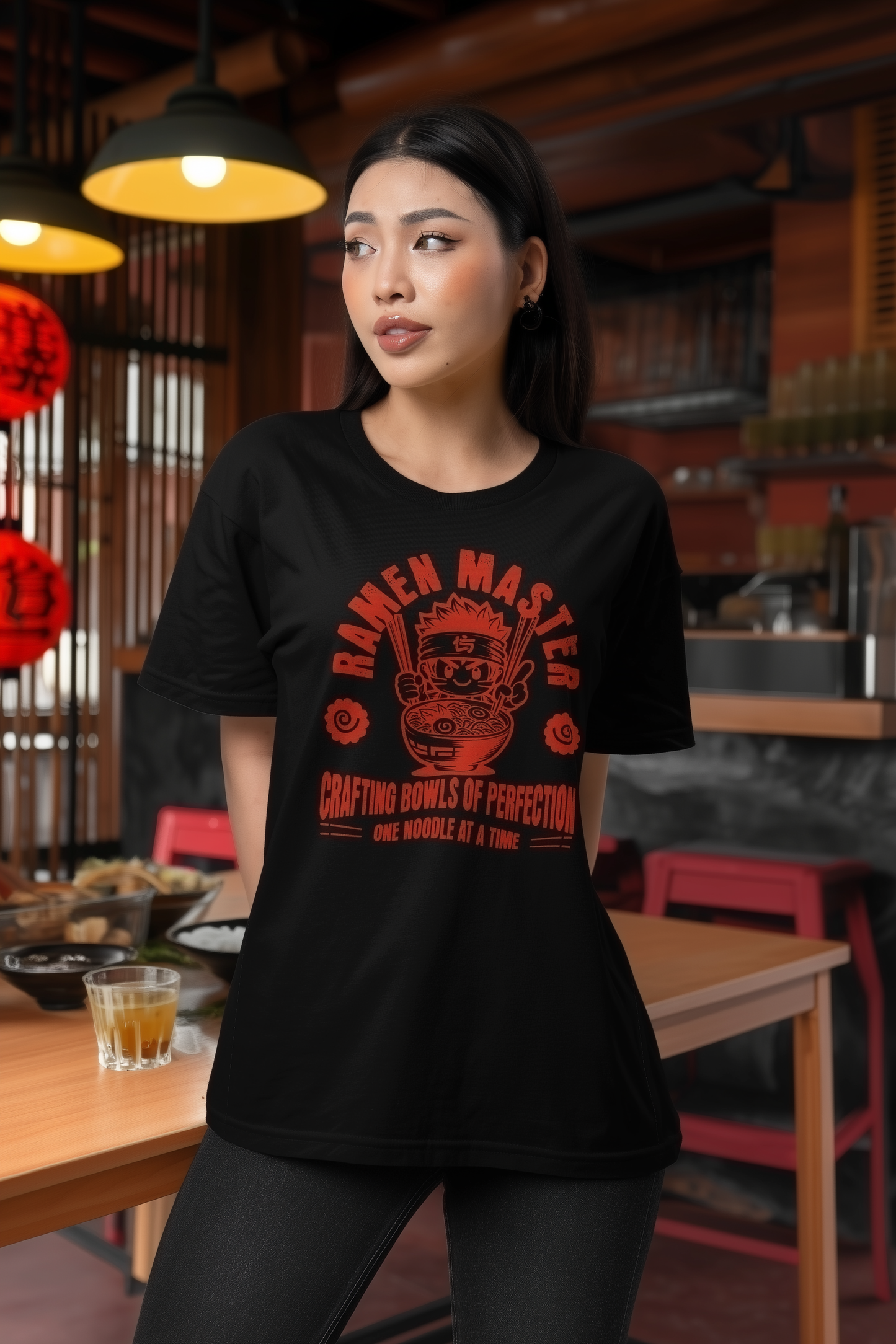 Unisex black Ramen Master graphic tee showcasing culinary delight in a cozy restaurant setting.