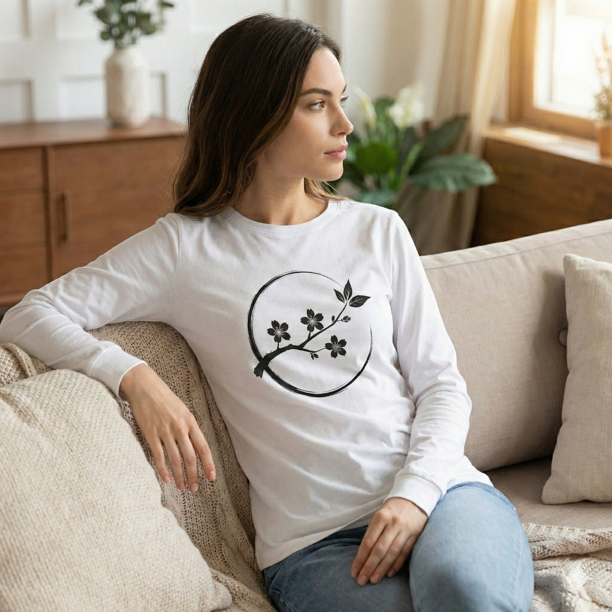 Cherry Blossom Circle Graphic Long Sleeve Tee