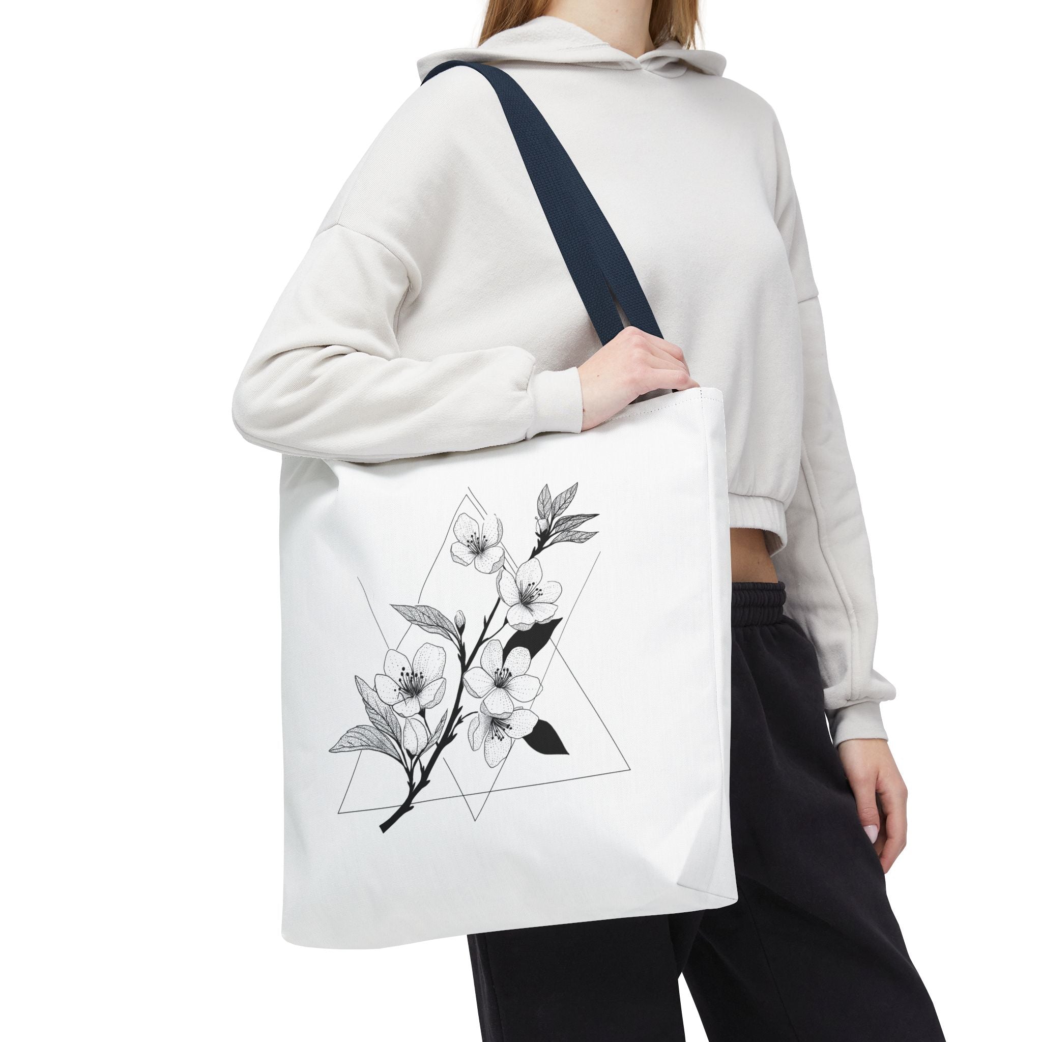 Floral Triangle Tote Bag — Minimal Black & White Botanical Canvas Tote
