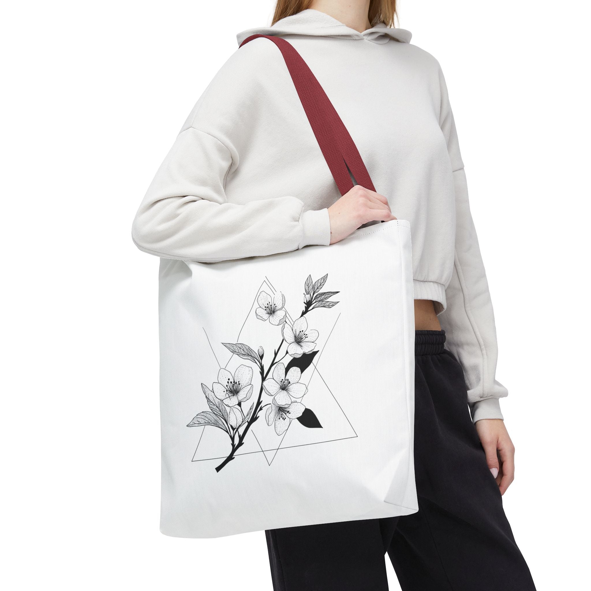Floral Triangle Tote Bag — Minimal Black & White Botanical Canvas Tote