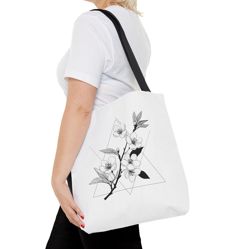 Floral Triangle Tote Bag — Minimal Black & White Botanical Canvas Tote