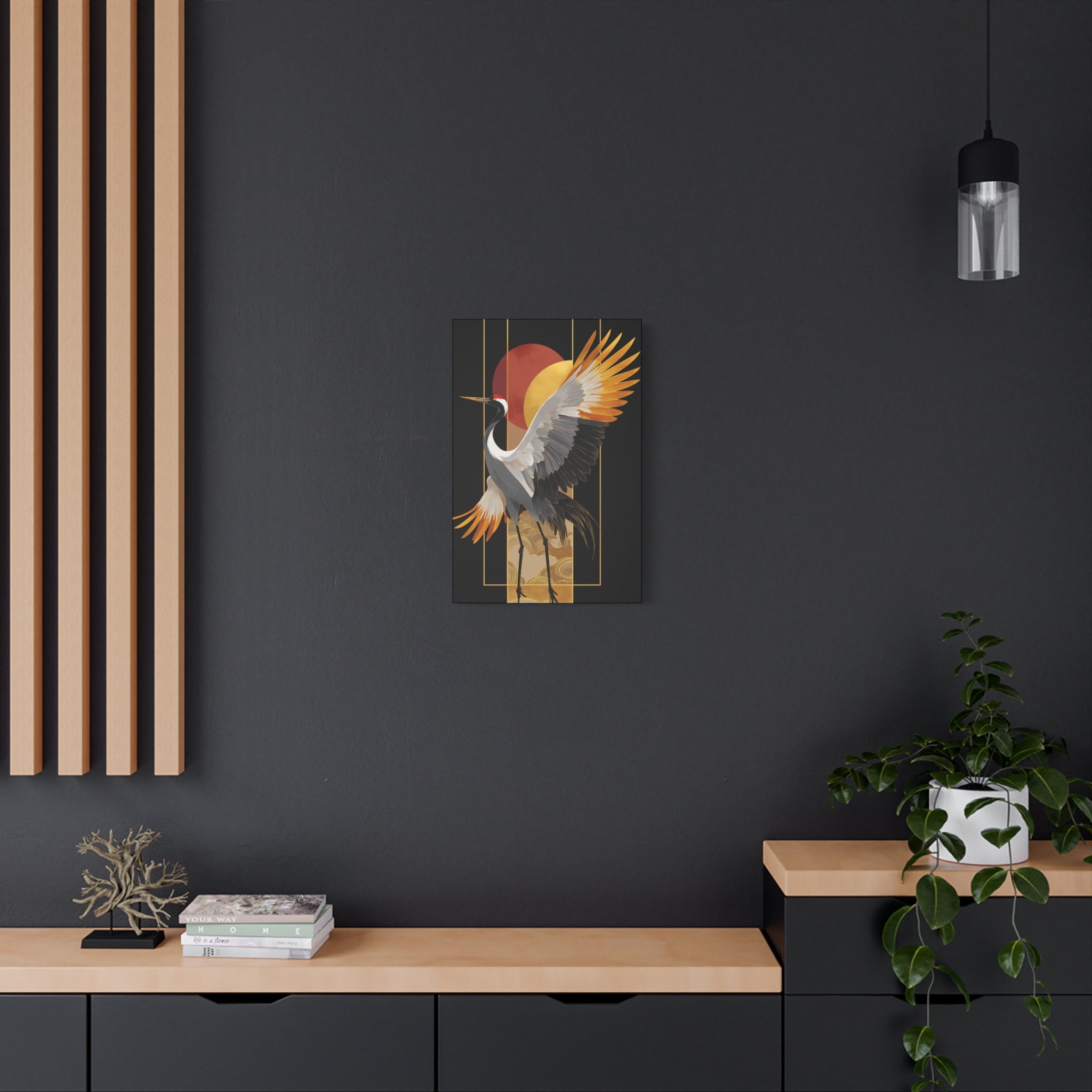 Golden Crane Matte Canvas Wall Art — Japanese Crane Sunrise Stretched Canvas