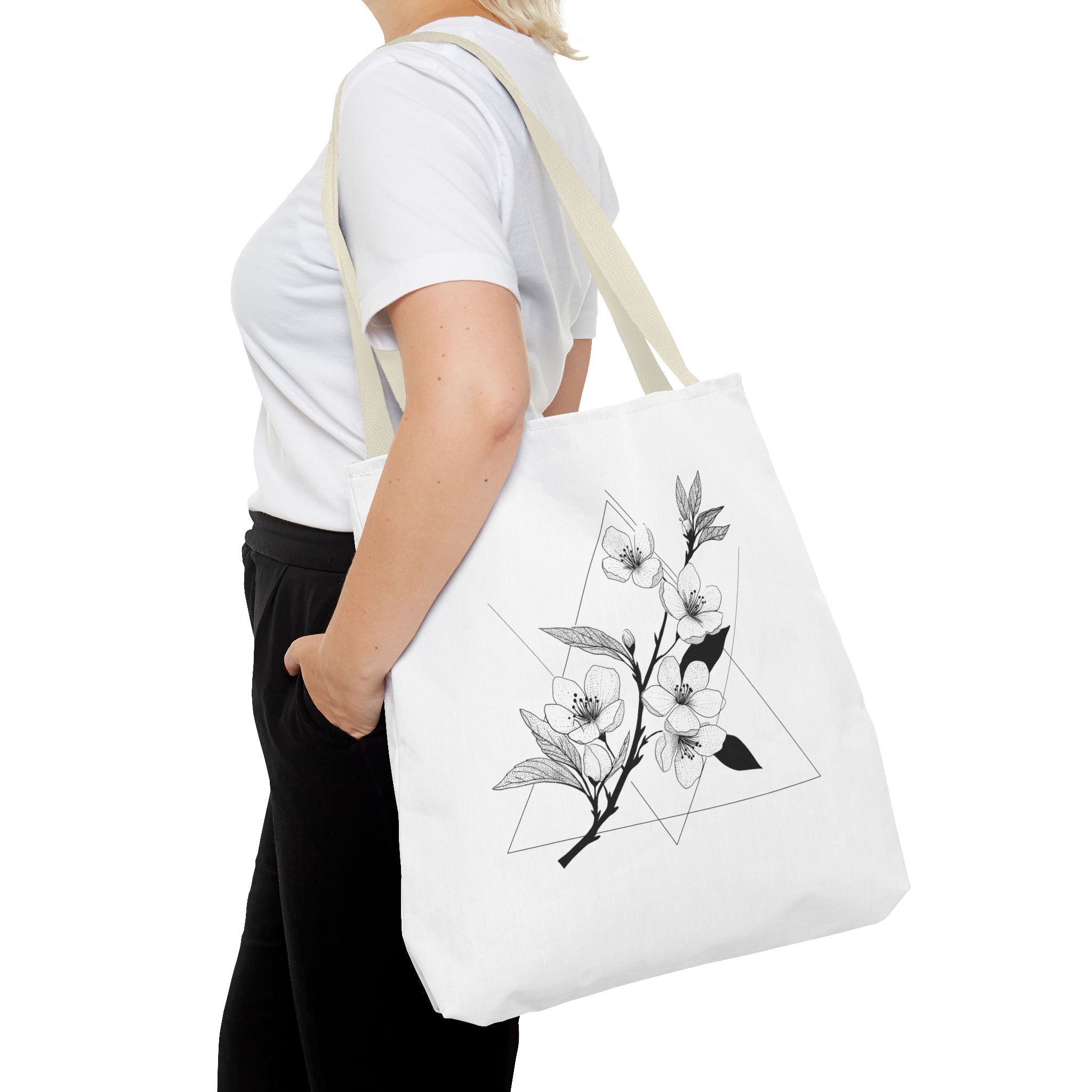 Floral Triangle Tote Bag — Minimal Black & White Botanical Canvas Tote