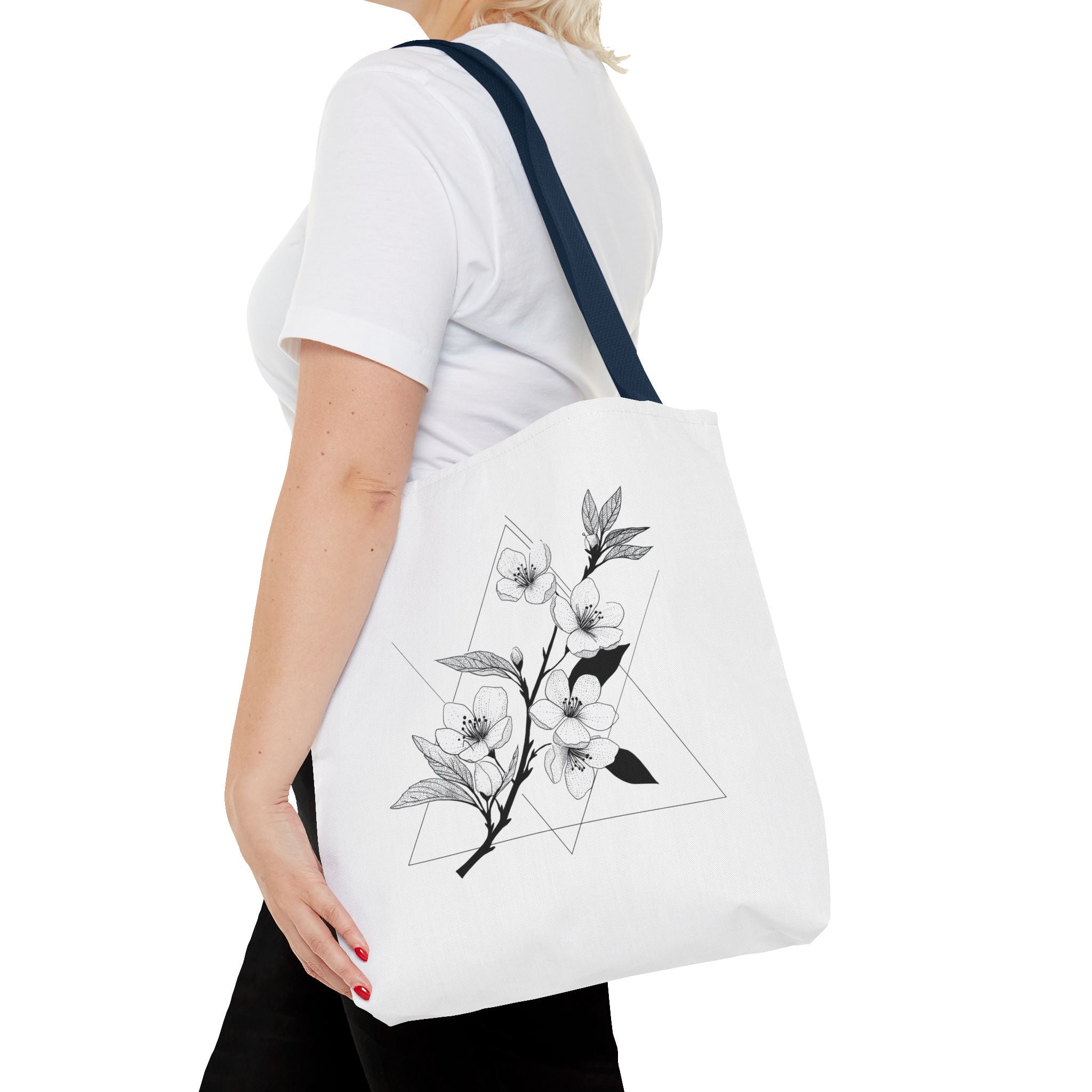 Floral Triangle Tote Bag — Minimal Black & White Botanical Canvas Tote