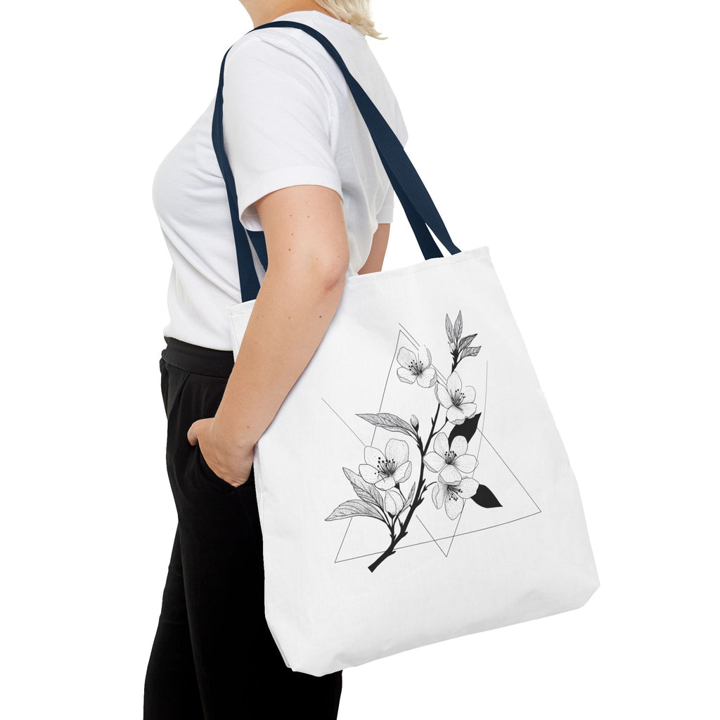 Floral Triangle Tote Bag — Minimal Black & White Botanical Canvas Tote