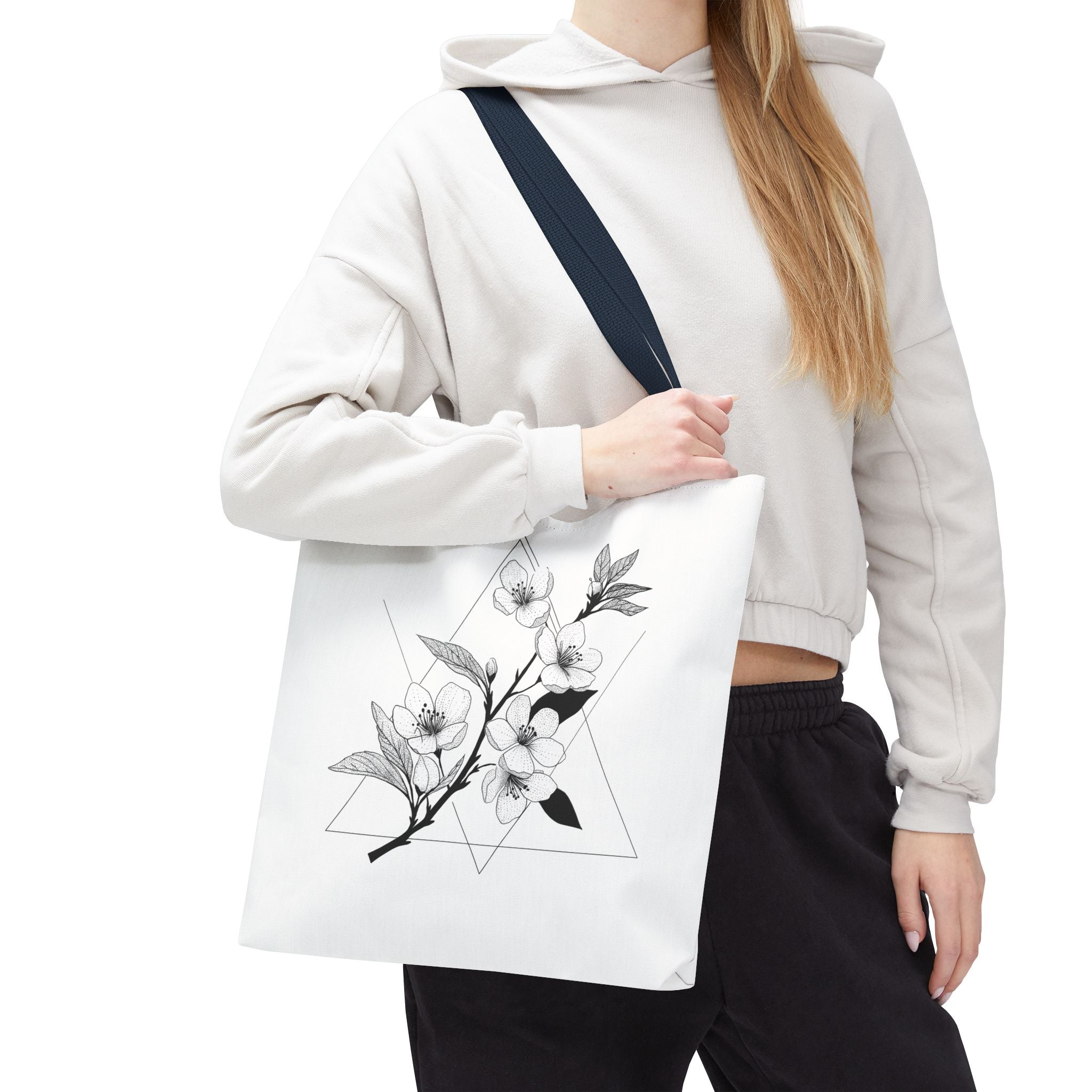 Floral Triangle Tote Bag — Minimal Black & White Botanical Canvas Tote