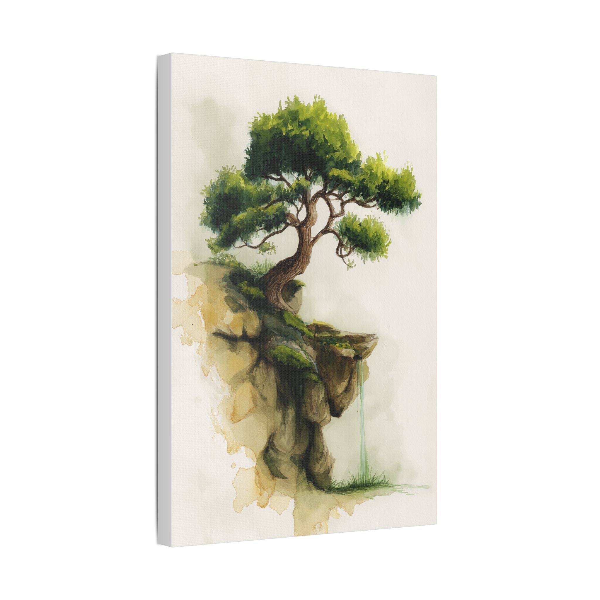 Bonsai Cliff Satin Canvas Art - Stretched Tree Watercolor Wall Decor
