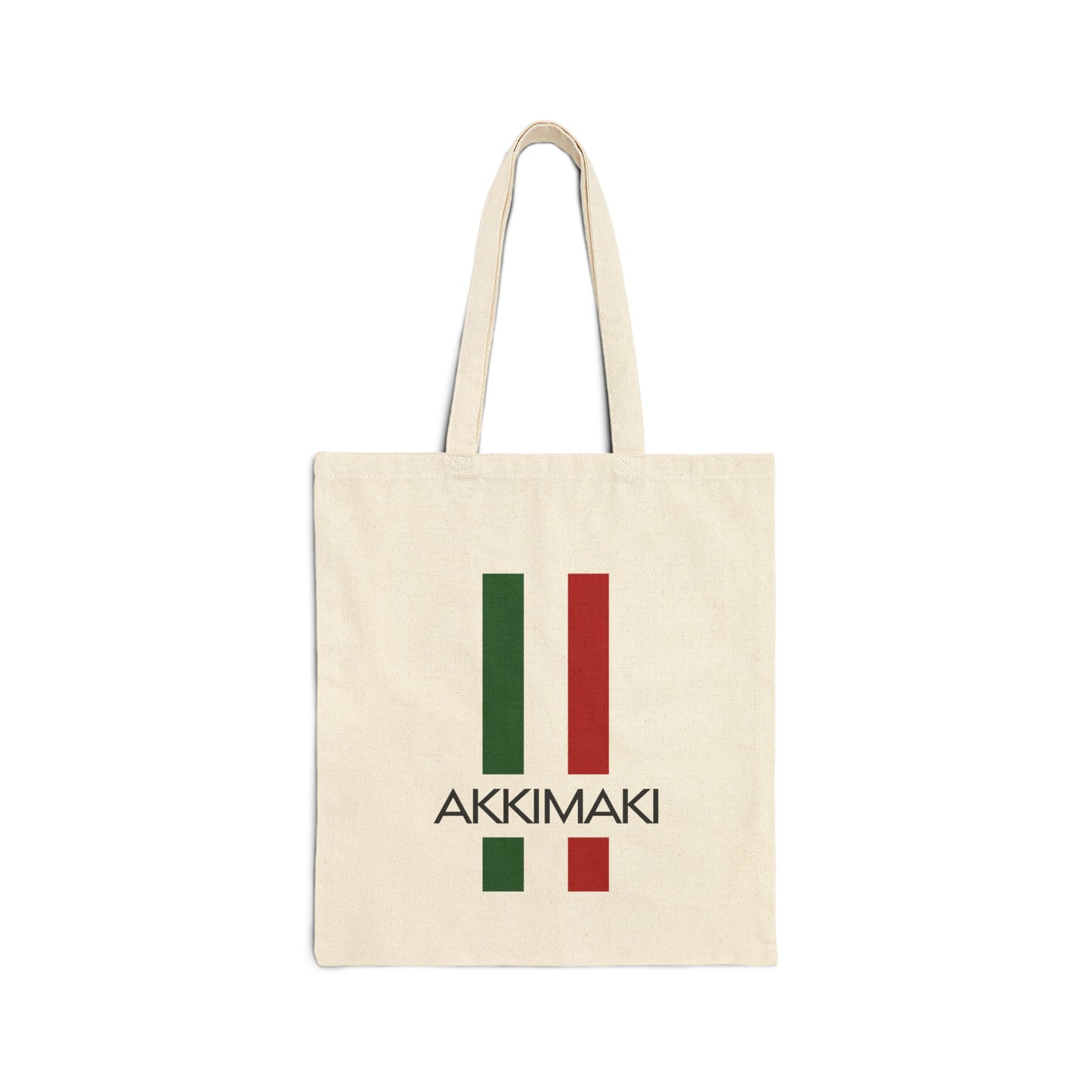 Italian Chic Cotton Tote bag featuring green and red stripes with 'AKKIMAKI' logo, perfect for everyday use.