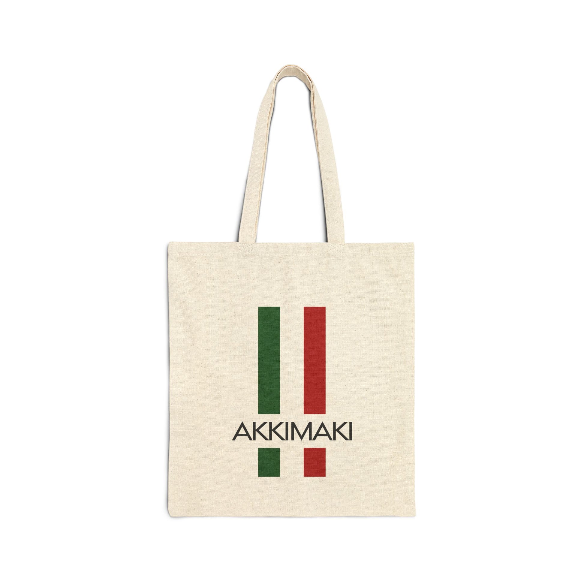 Italian Chic Cotton Tote bag featuring green and red stripes with 'AKKIMAKI' logo, perfect for everyday use.